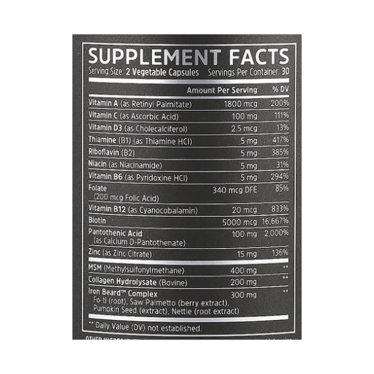 Zhou Nutrition, Iron Beard™, 60 Capsules supplement facts label showing ingredients, vitamins, minerals, and serving information