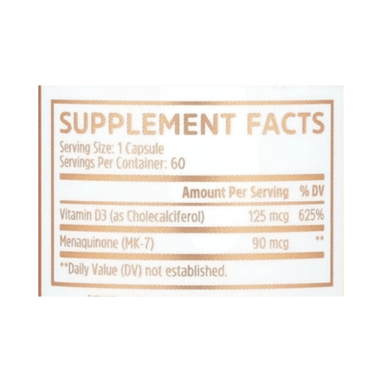 Zhou Nutrition, D3 + K2, 60 Veggie Capsules supplement facts label showing ingredients, vitamins, minerals, and serving information