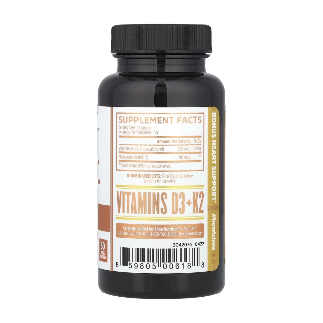 Zhou Nutrition, D3 + K2, 60 Veggie Capsules back packaging view