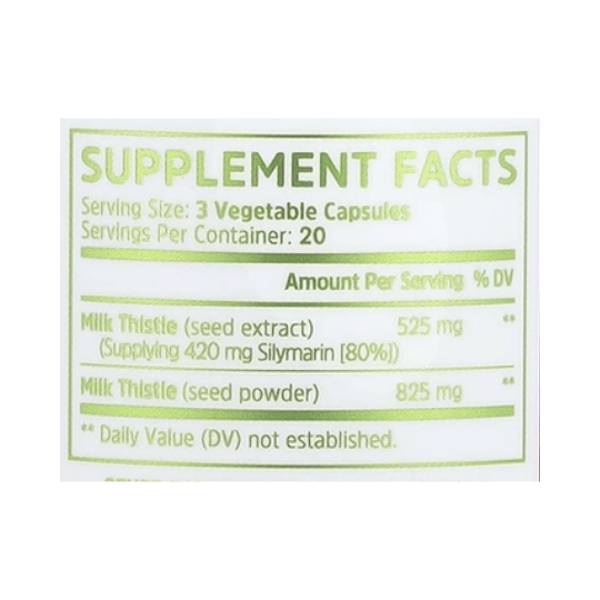 Zhou Nutrition, Milk Thistle, 60 Veggie Capsules (450 mg per Capsule) supplement facts label showing ingredients, vitamins, minerals, and serving information