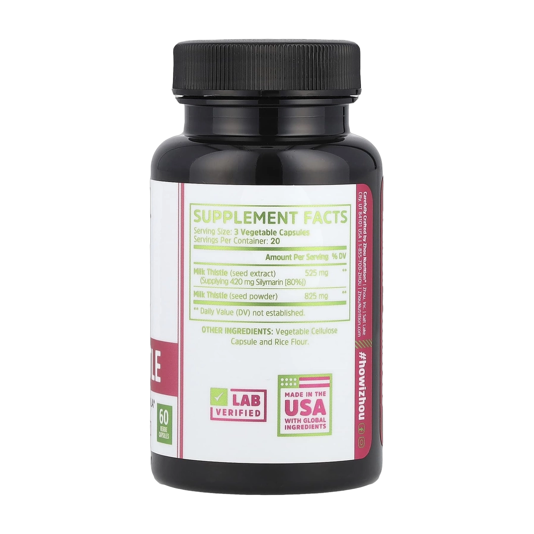 Zhou Nutrition, Milk Thistle, 60 Veggie Capsules (450 mg per Capsule) back packaging view