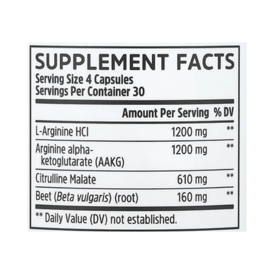 Zhou Nutrition, N.O. Pro™, Premium Nitric Oxide Boost, 120 Capsules supplement facts label showing ingredients, vitamins, minerals, and serving information