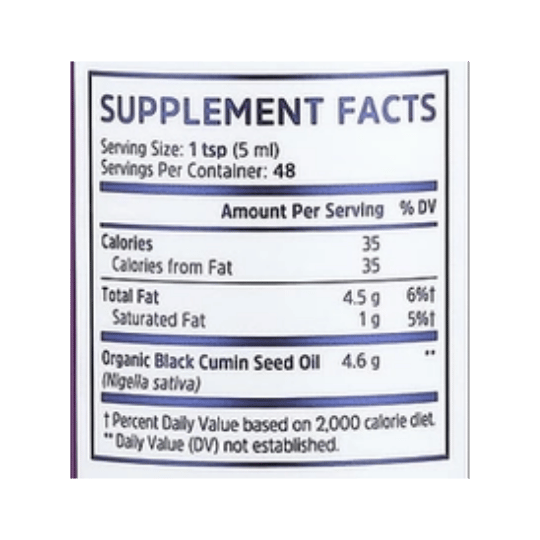 Zhou Nutrition, Organic Black Seed Oil, 8 fl oz (240 ml) supplement facts label showing ingredients, vitamins, minerals, and serving information