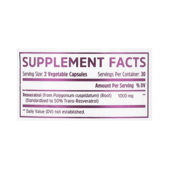 Zhou Nutrition, Resveratrol, 60 Veggie Capsules (500 mg per Capsule) supplement facts label showing ingredients, vitamins, minerals, and serving information