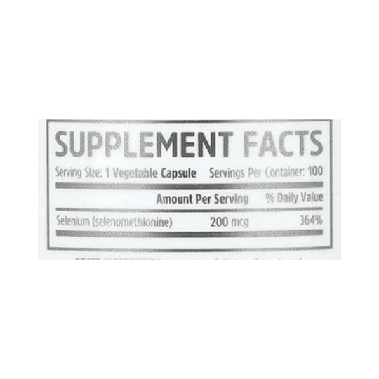 Zhou Nutrition, Selenium, 200 mcg, 100 Veggie Capsules supplement facts label showing ingredients, vitamins, minerals, and serving information