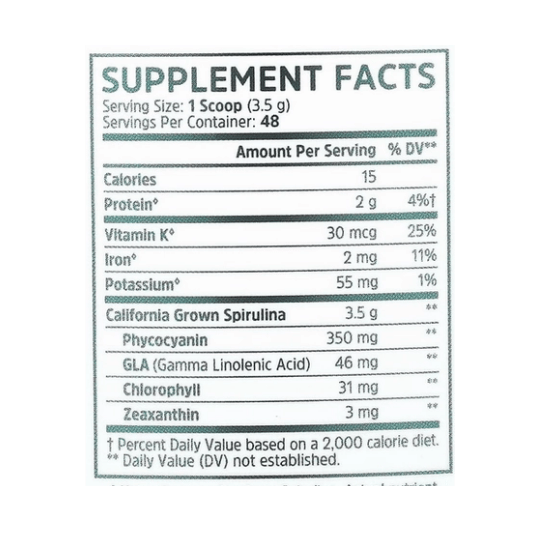 Zhou Nutrition, Spirulina, Longevity Superfood, 6 oz (170 g) supplement facts label showing ingredients, vitamins, minerals, and serving information