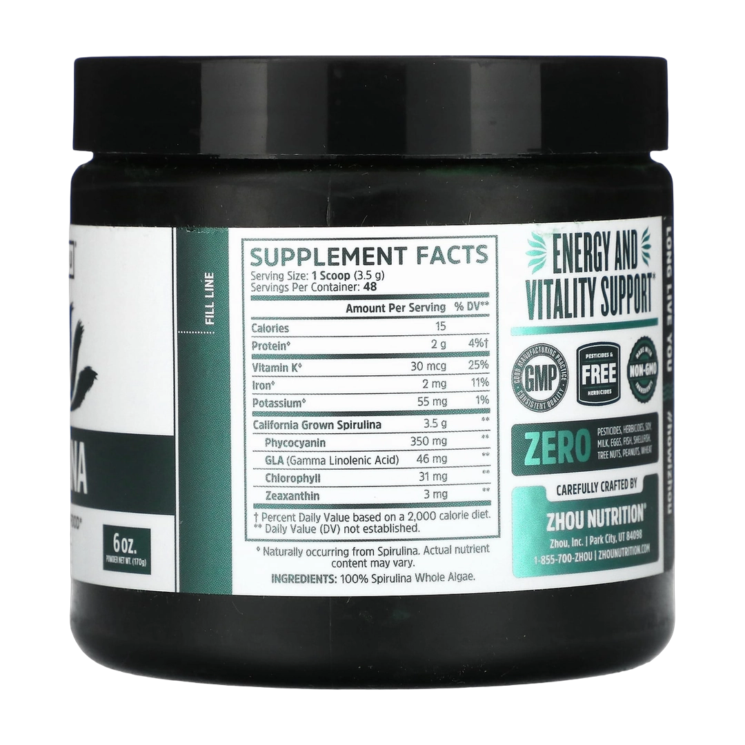 Zhou Nutrition, Spirulina, Longevity Superfood, 6 oz (170 g) back packaging view