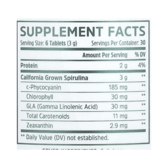 Zhou Nutrition, Spirulina, 180 Tablets supplement facts label showing ingredients, vitamins, minerals, and serving information