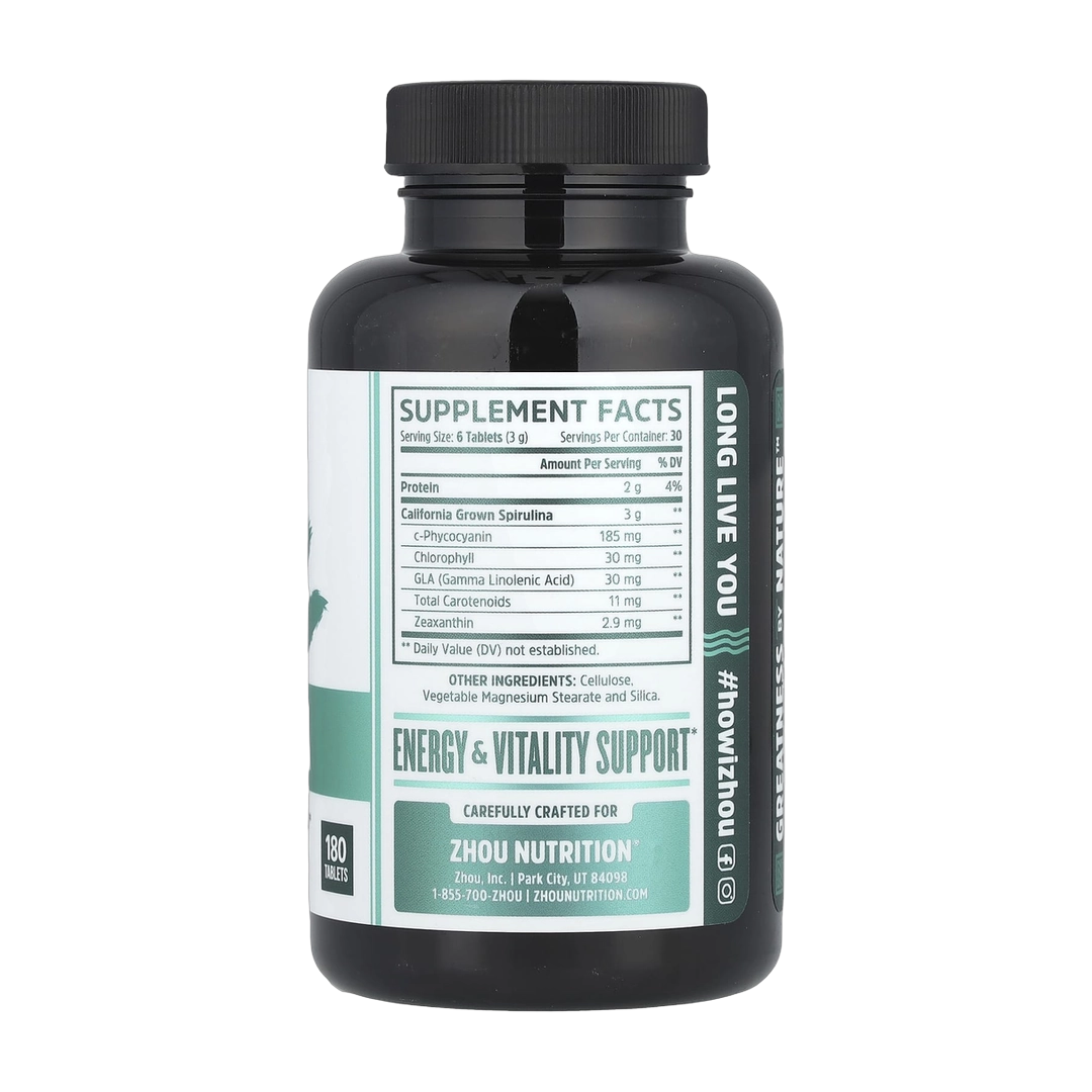 Zhou Nutrition, Spirulina, 180 Tablets back packaging view