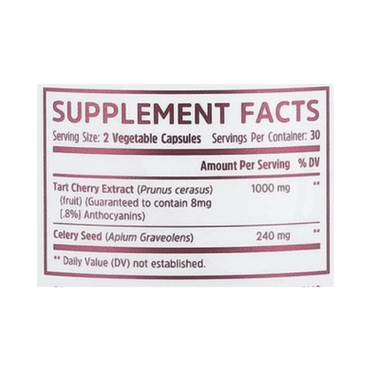 Zhou Nutrition, Tart Cherry Extract + Celery Seed, 60 Veggie Capsules supplement facts label showing ingredients, vitamins, minerals, and serving information