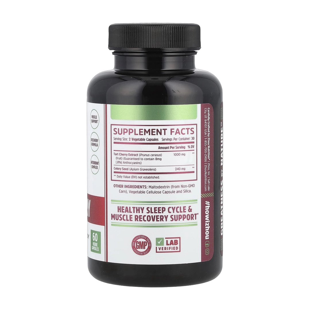 Zhou Nutrition, Tart Cherry Extract + Celery Seed, 60 Veggie Capsules back packaging view