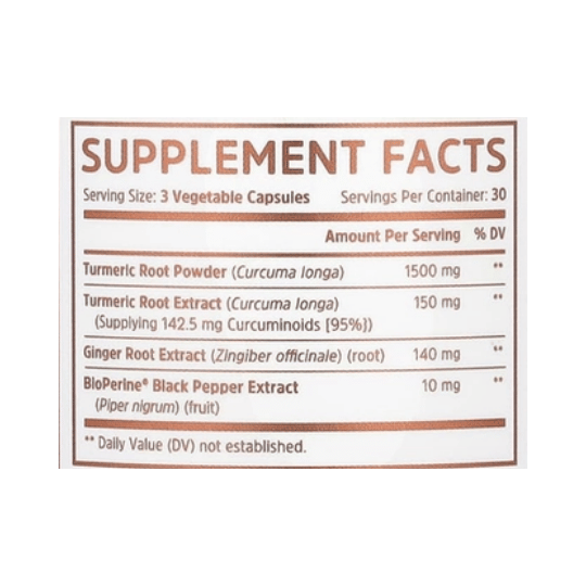 Zhou Nutrition, Turmeric, Curcumin with Ginger, 90 Veggie Capsules supplement facts label showing ingredients, vitamins, minerals, and serving information
