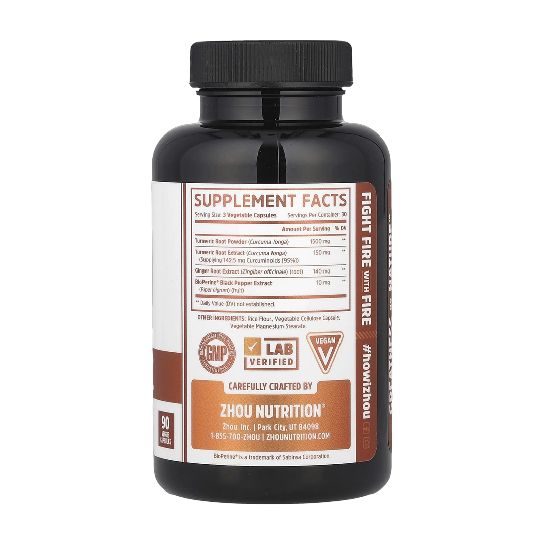 Zhou Nutrition, Turmeric, Curcumin with Ginger, 90 Veggie Capsules back packaging view
