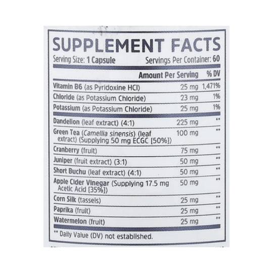 Zhou Nutrition, Water Away with Dandelion & Potassium, 60 Veggie Capsules supplement facts label showing ingredients, vitamins, minerals, and serving information