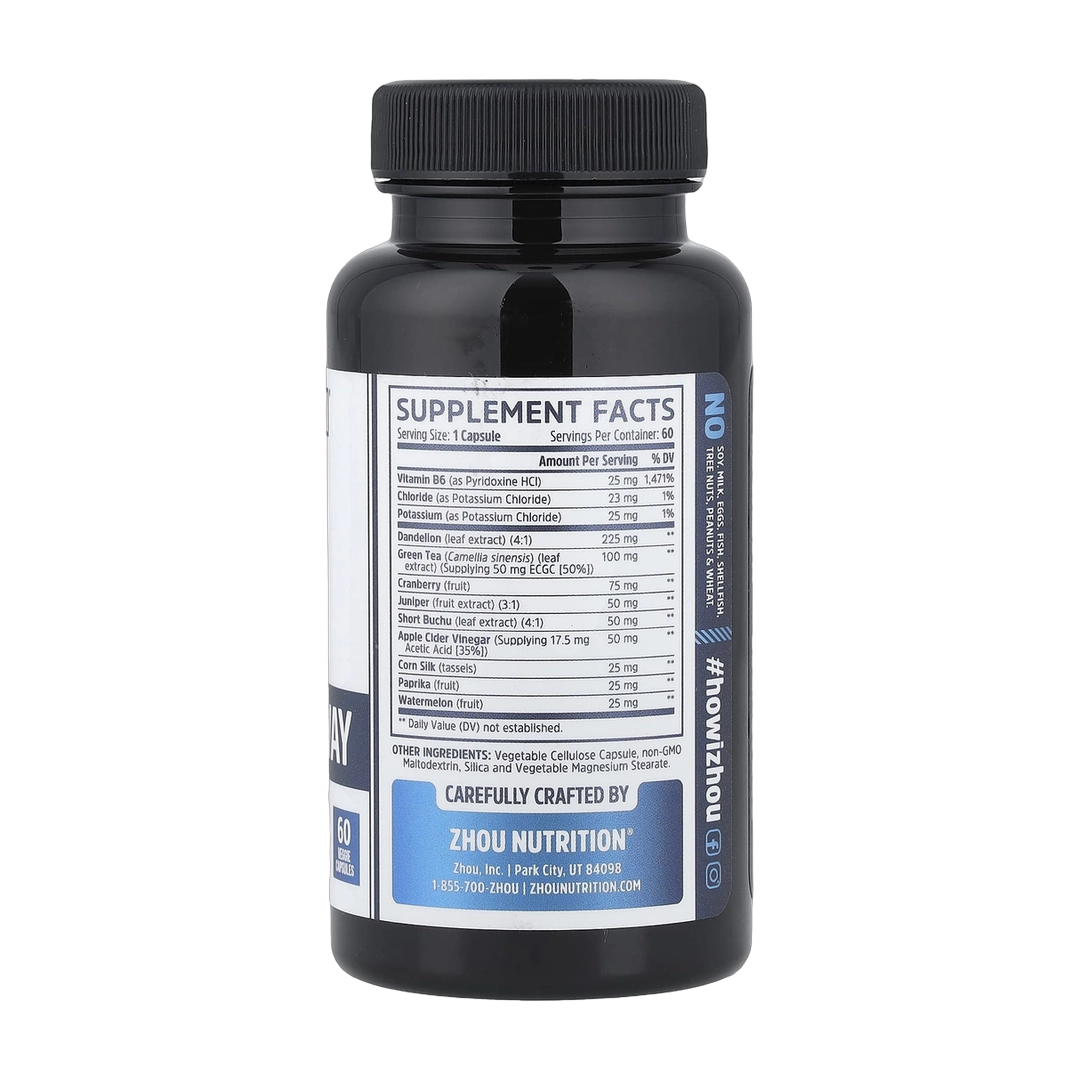Zhou Nutrition, Water Away with Dandelion & Potassium, 60 Veggie Capsules back packaging view