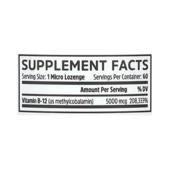 Zhou Nutrition, Methyl B-12, Natural Cherry, 5,000 mcg, 60 Micro Lozenges supplement facts label showing ingredients, vitamins, minerals, and serving information