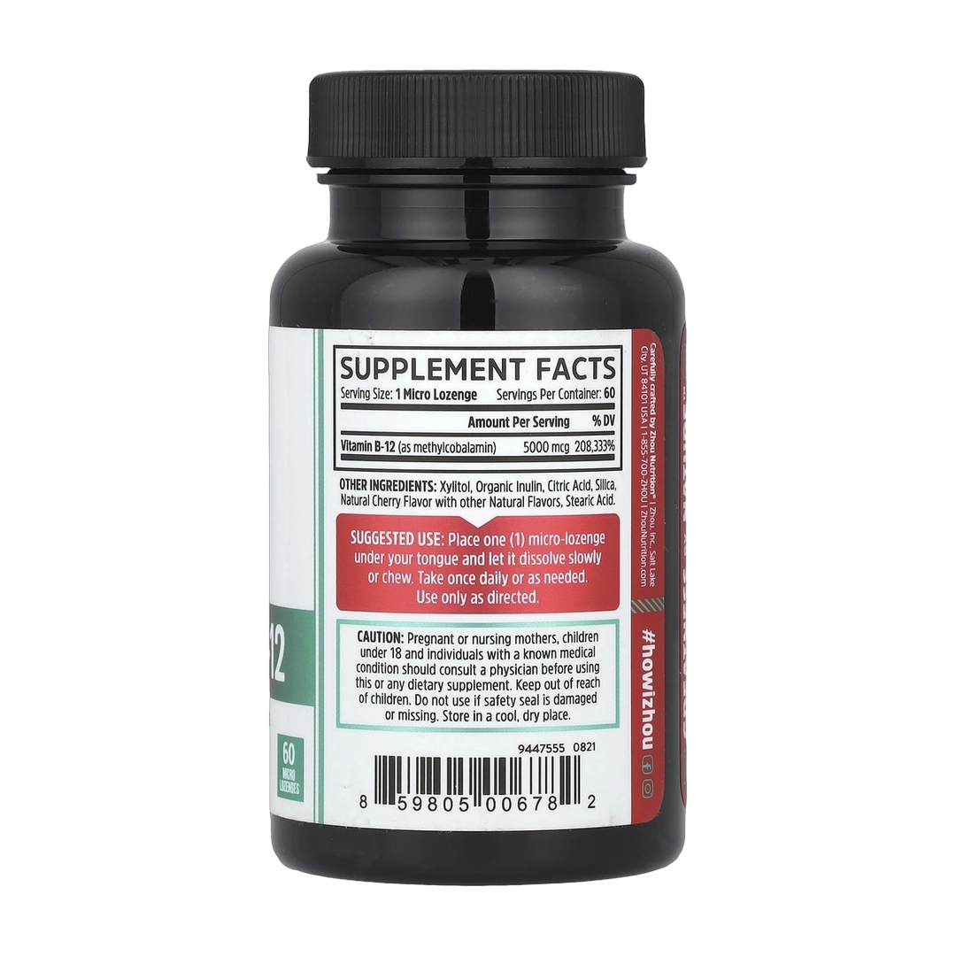 Zhou Nutrition, Methyl B-12, Natural Cherry, 5,000 mcg, 60 Micro Lozenges back packaging view