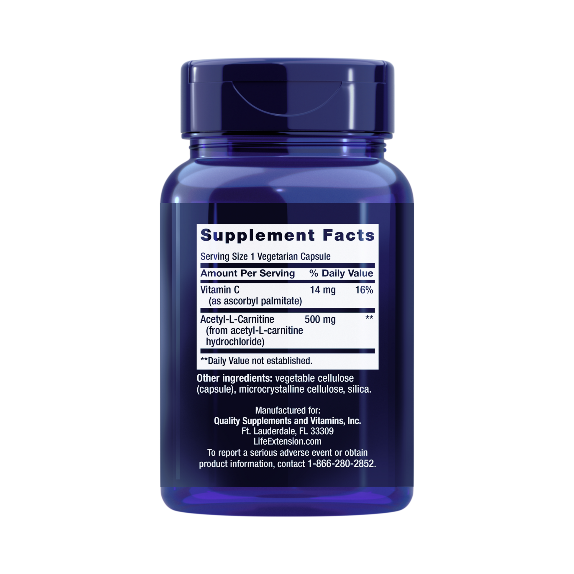 Life Extension, Acetyl-L-Carnitine, (500 mg), 100 Veg Capsules back packaging view