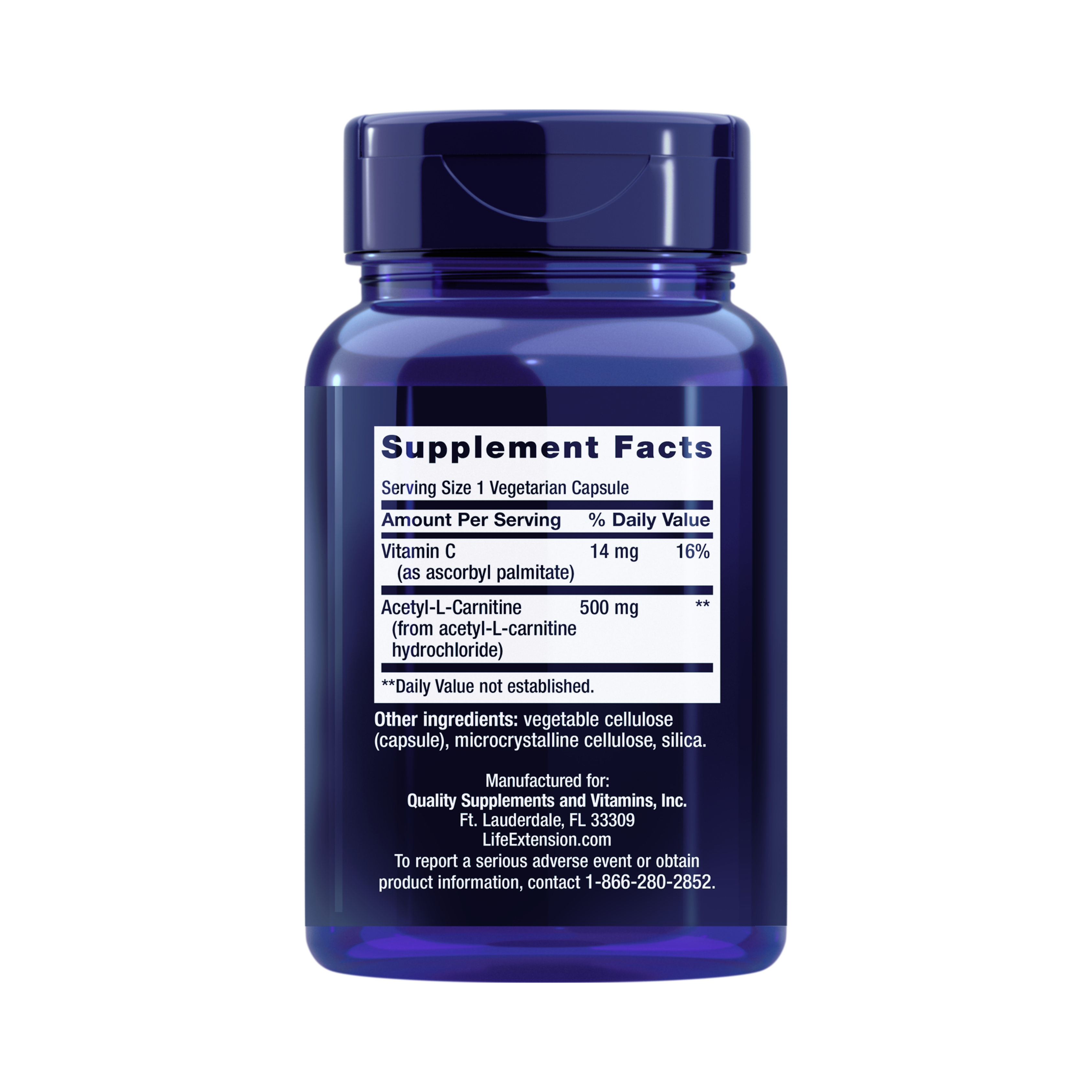 Life Extension, Acetyl-L-Carnitine, (500 mg), 100 Veg Capsules back packaging view
