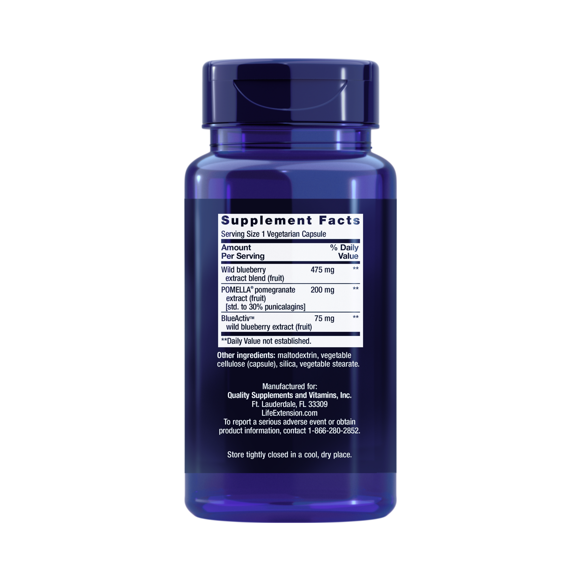 Life Extension, Blueberry Extract and Pomegranate back packaging view