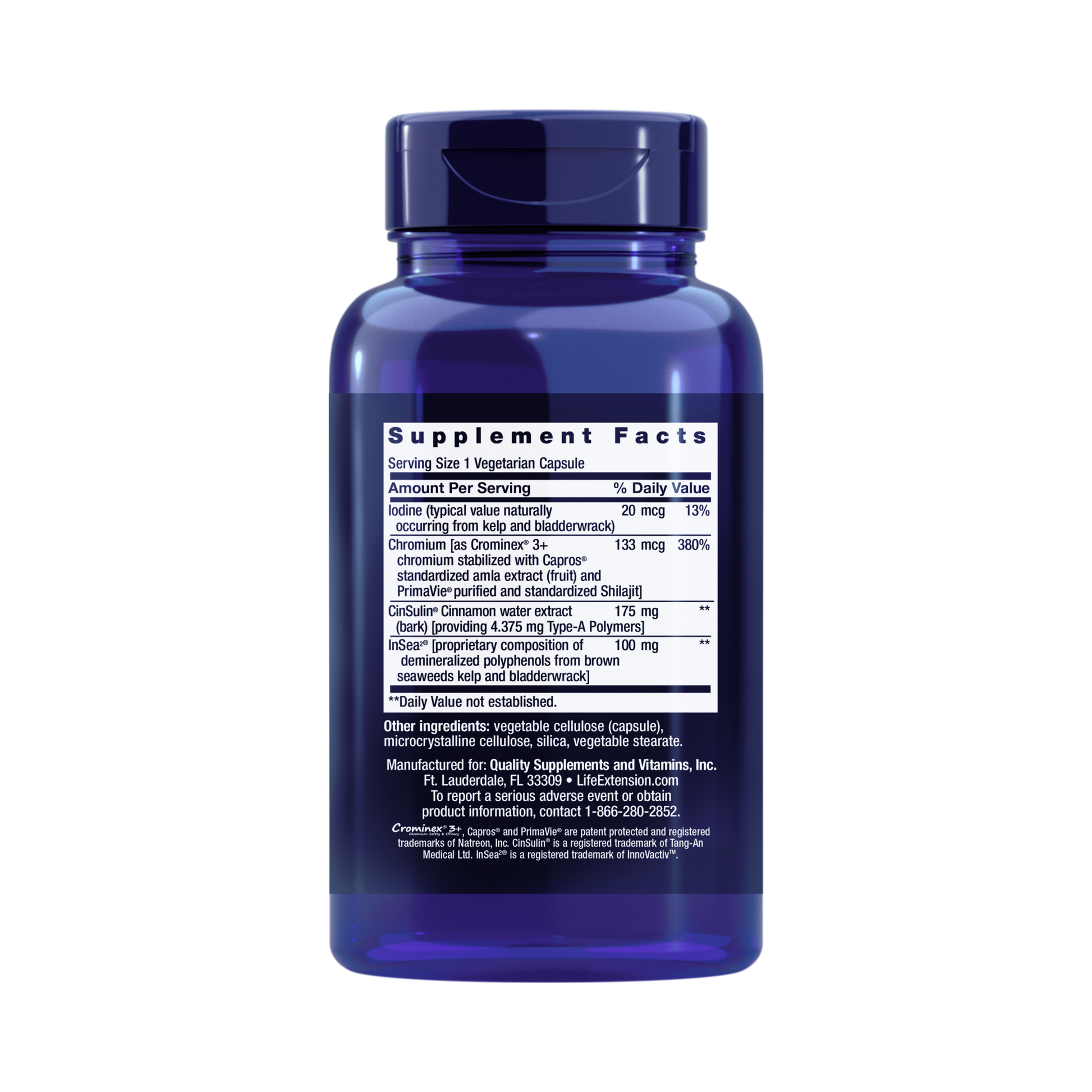 Life Extension, CinSulin with InSea2 and Crominex 3+ back packaging view