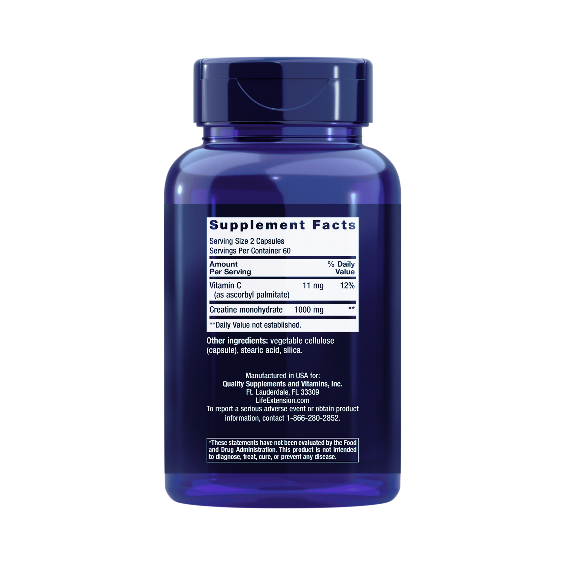 Life Extension, Creatine Capsules back packaging view