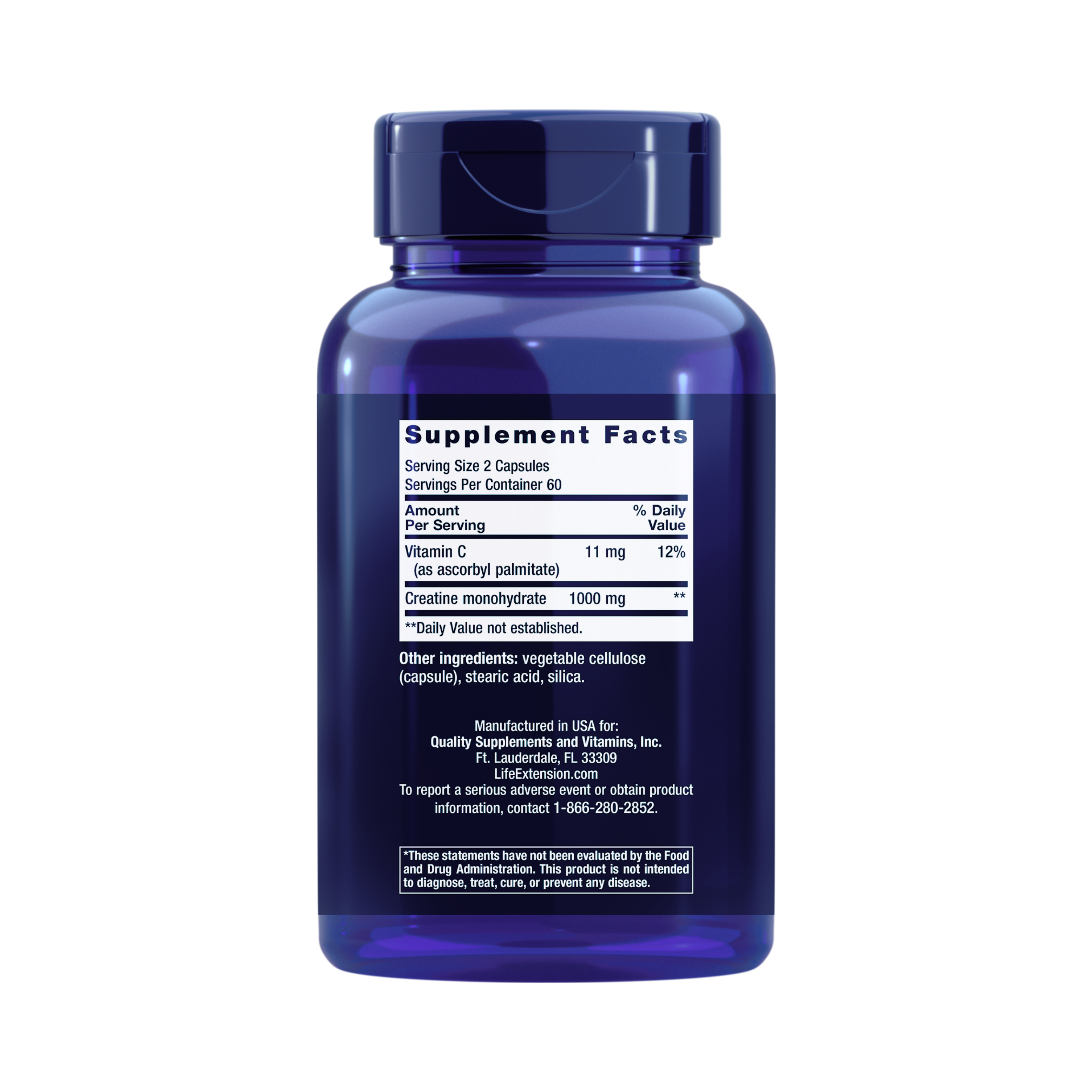 Life Extension, Creatine Capsules back packaging view