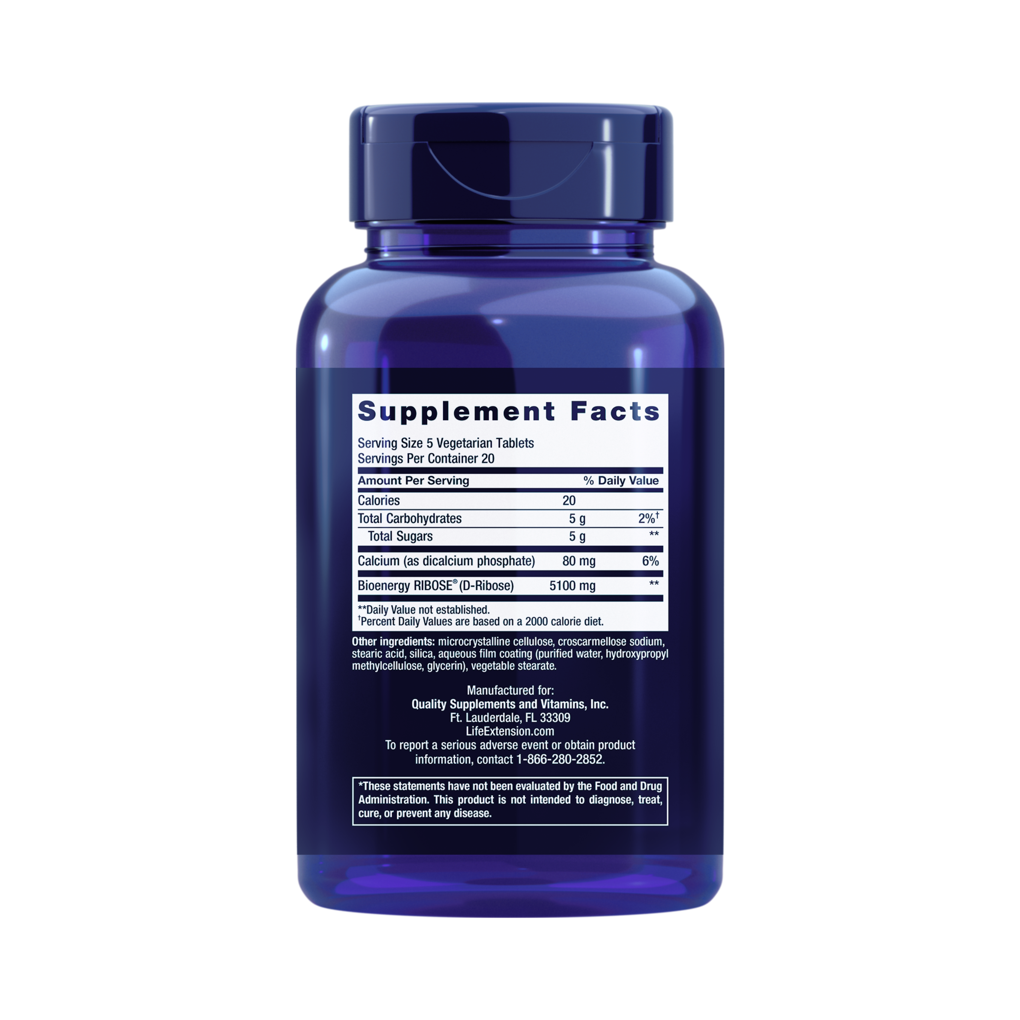 Life Extension, D-Ribose Tablets back packaging view