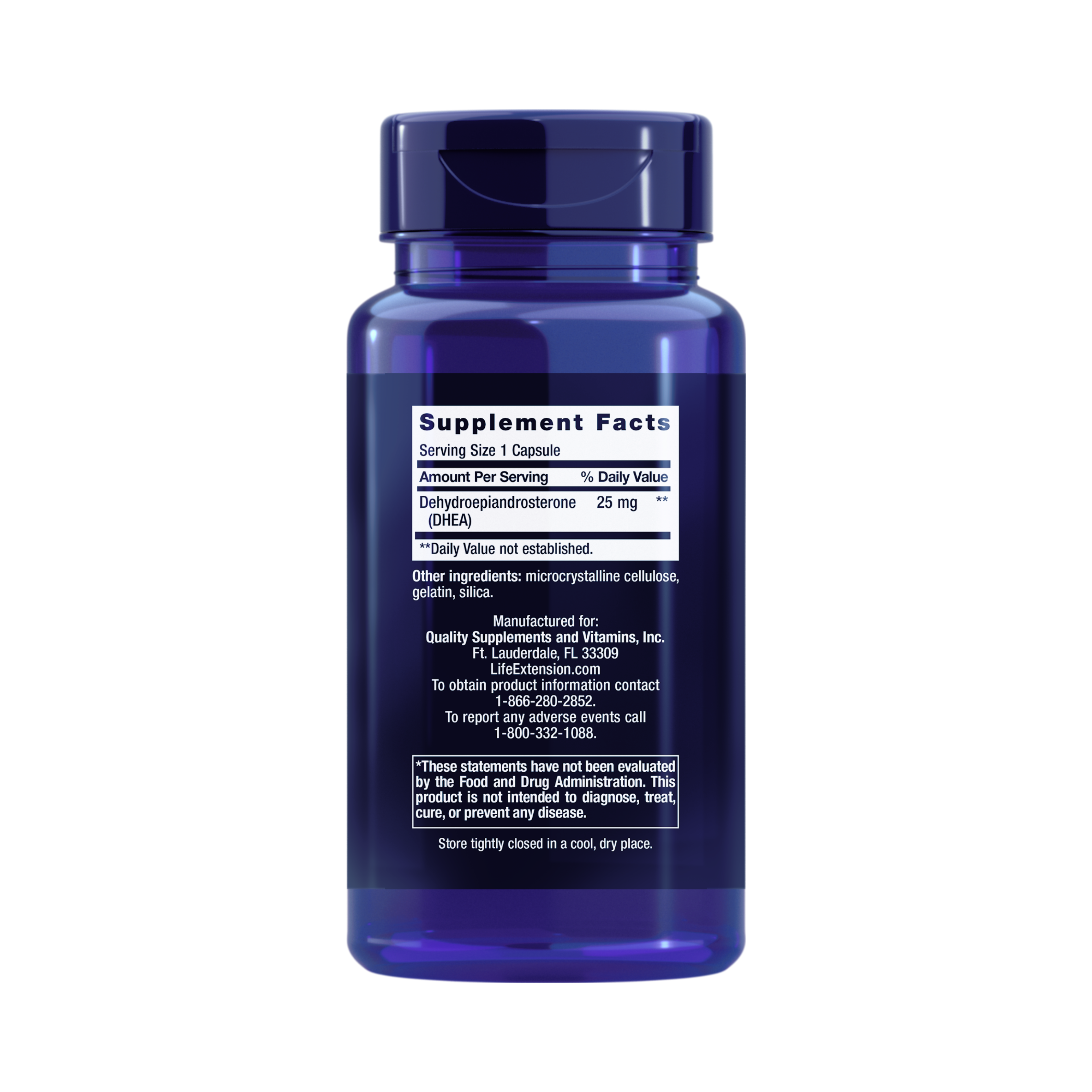 Life Extension, DHEA 25 mg back packaging view
