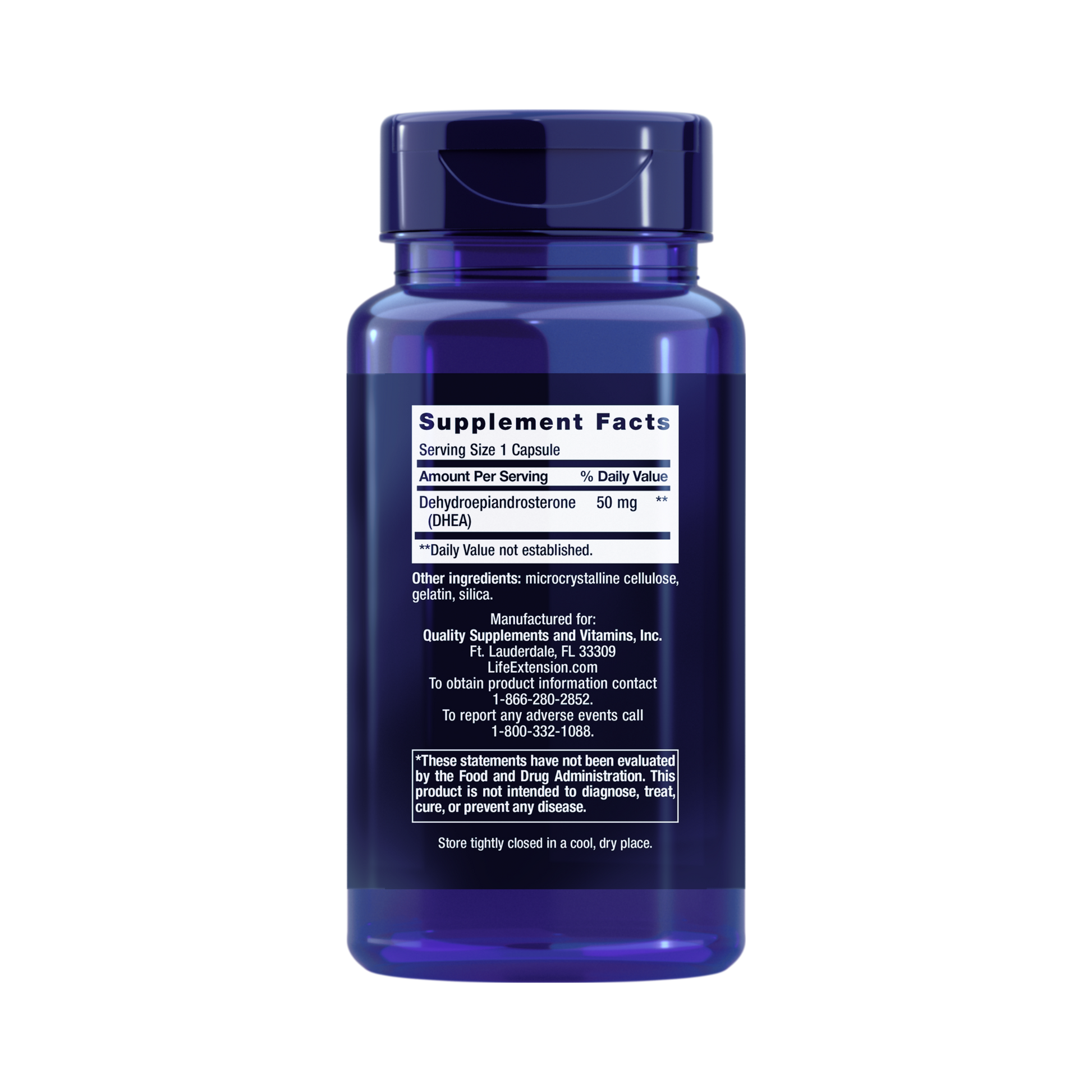 Life Extension, DHEA, 50 Mg, 60 Capsules back packaging view