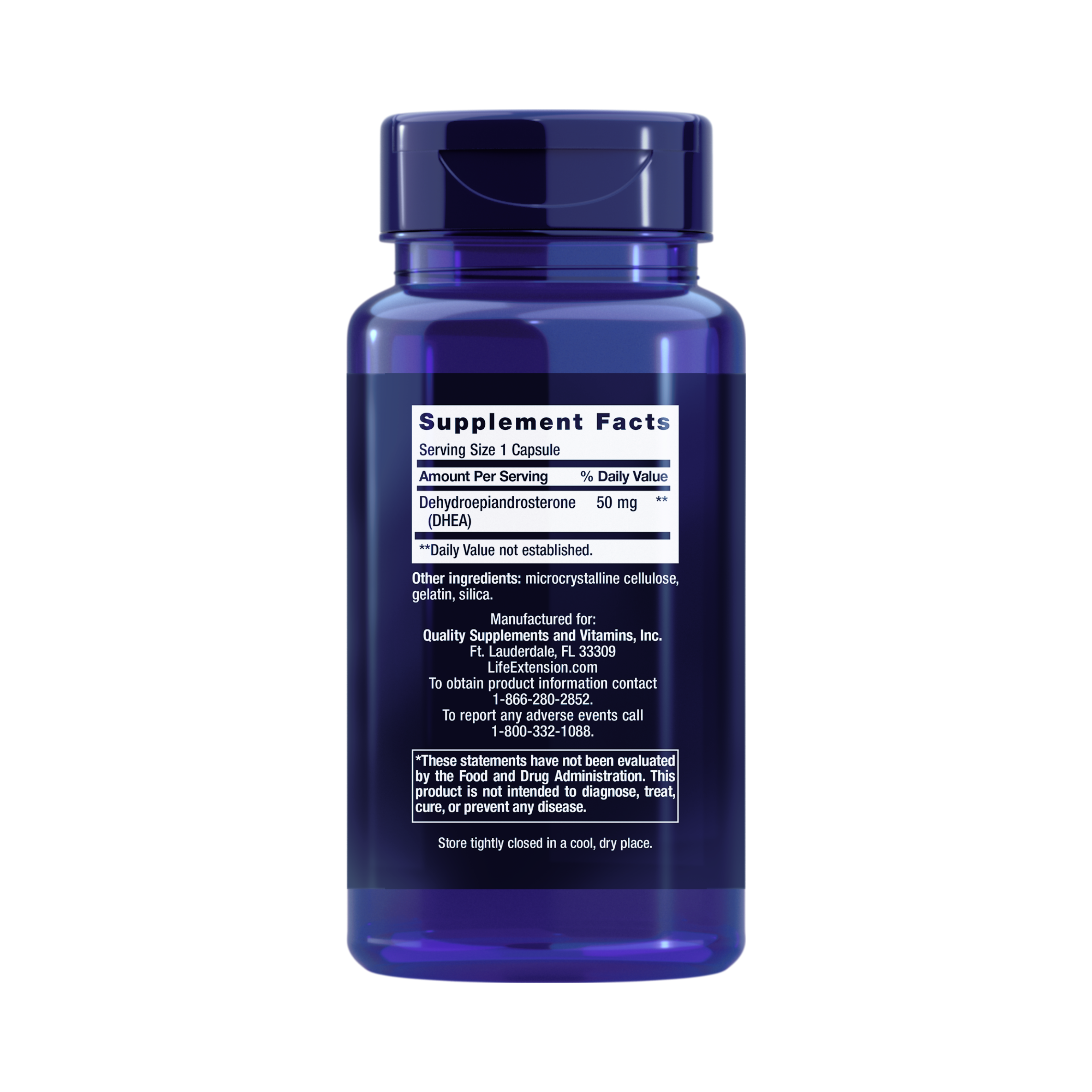 Life Extension, DHEA, 50 Mg, 60 Capsules back packaging view
