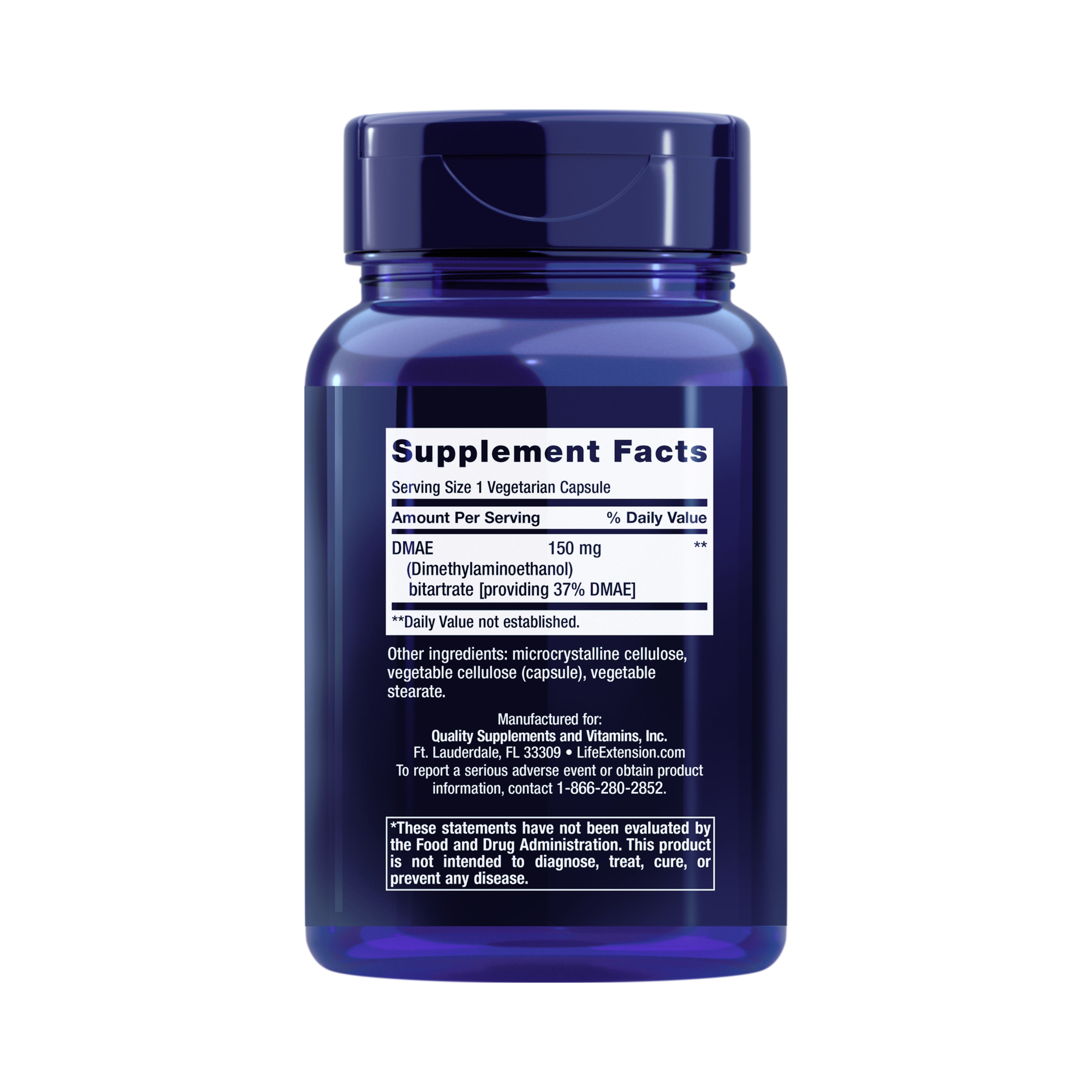 Life Extension, DMAE Bitartrate back packaging view