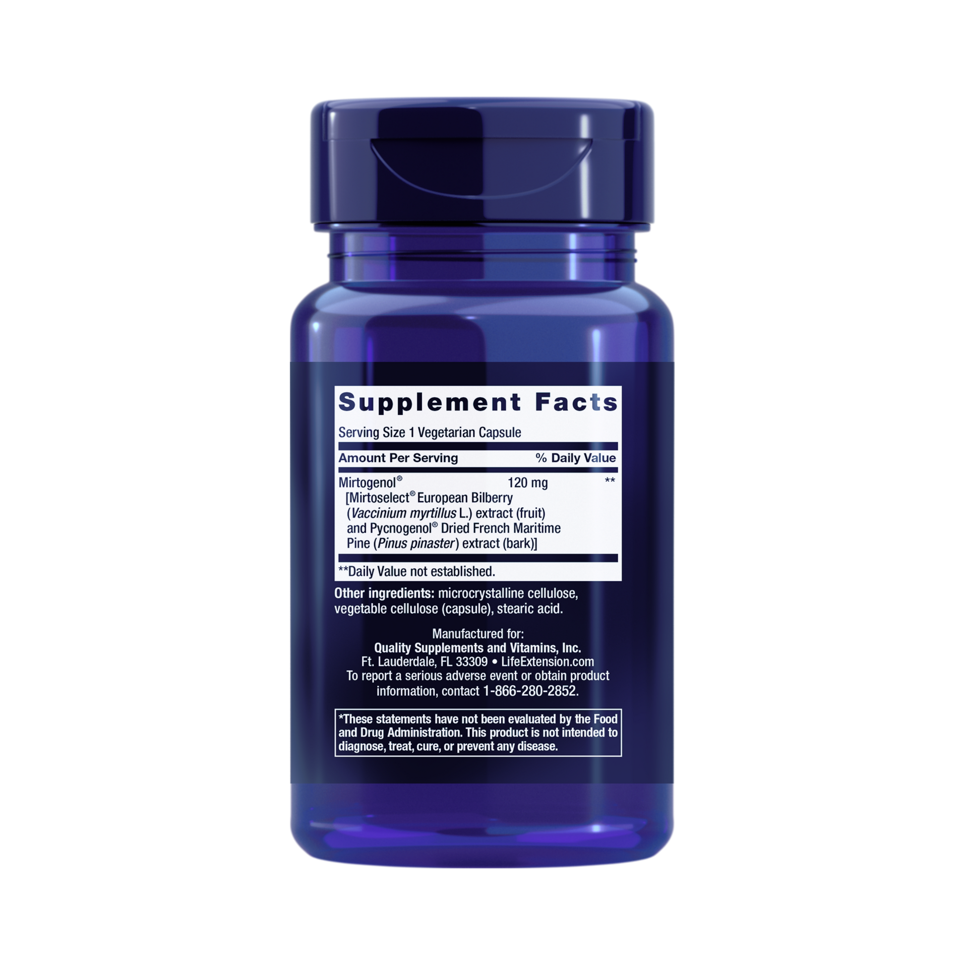 Life Extension, Eye Pressure Support with Mirtogenol back packaging view