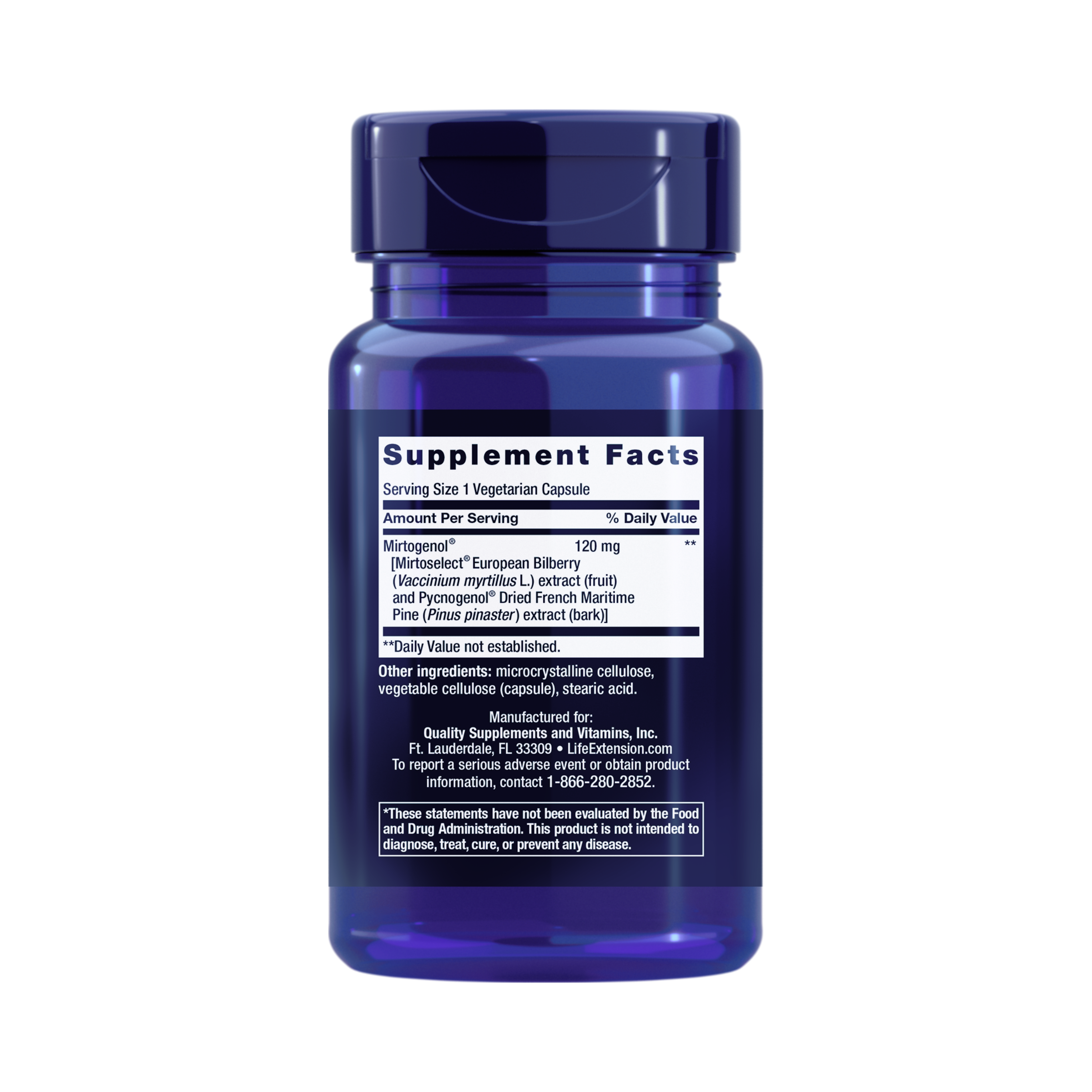 Life Extension, Eye Pressure Support with Mirtogenol back packaging view