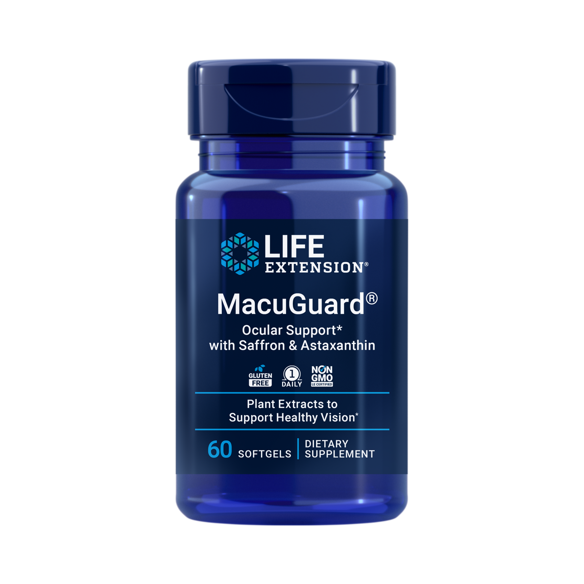 Life Extension, MacuGuard Ocular Support with Saffron & Astaxanthin 60 softgels front packaging view
