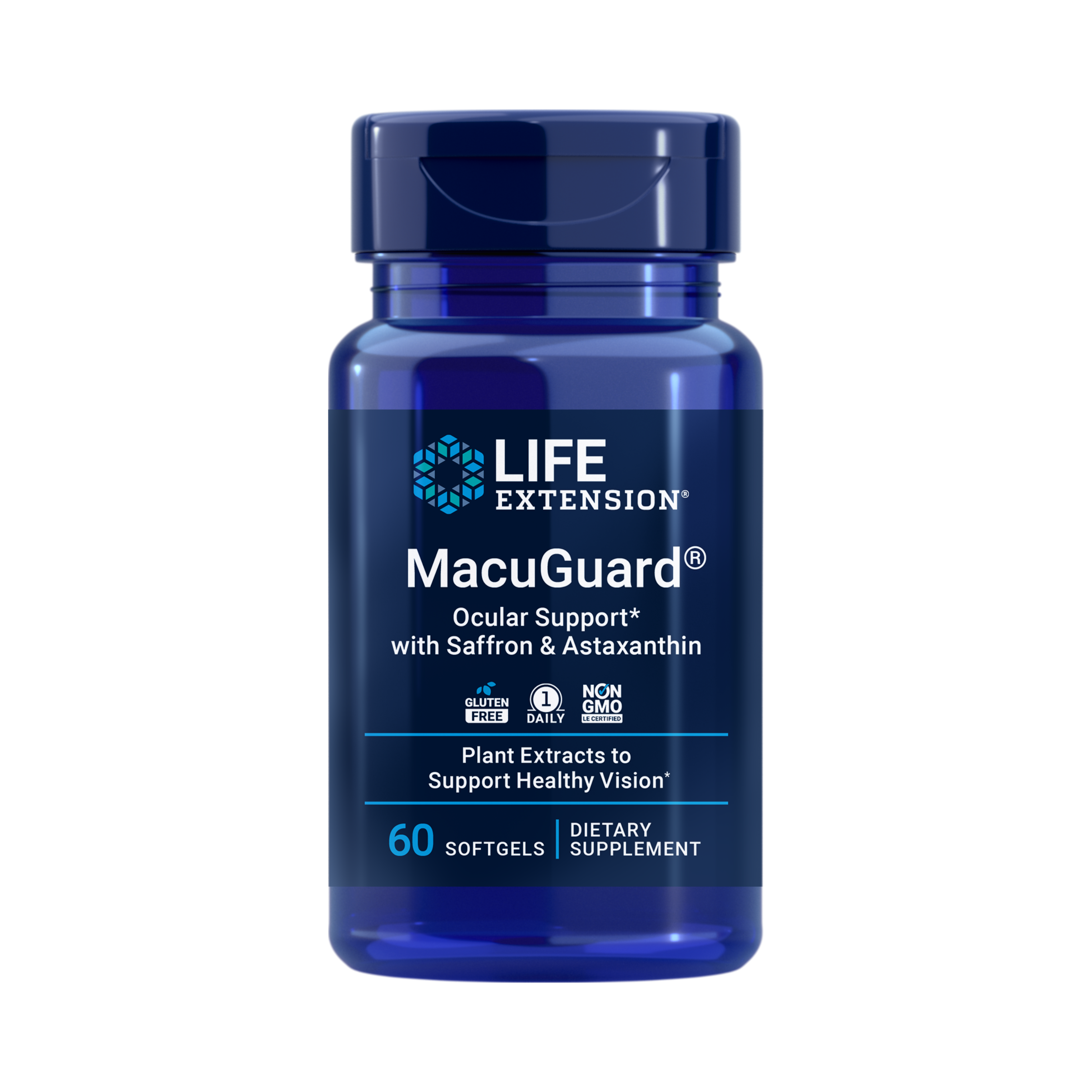 Life Extension, MacuGuard Ocular Support with Saffron & Astaxanthin 60 softgels front packaging view