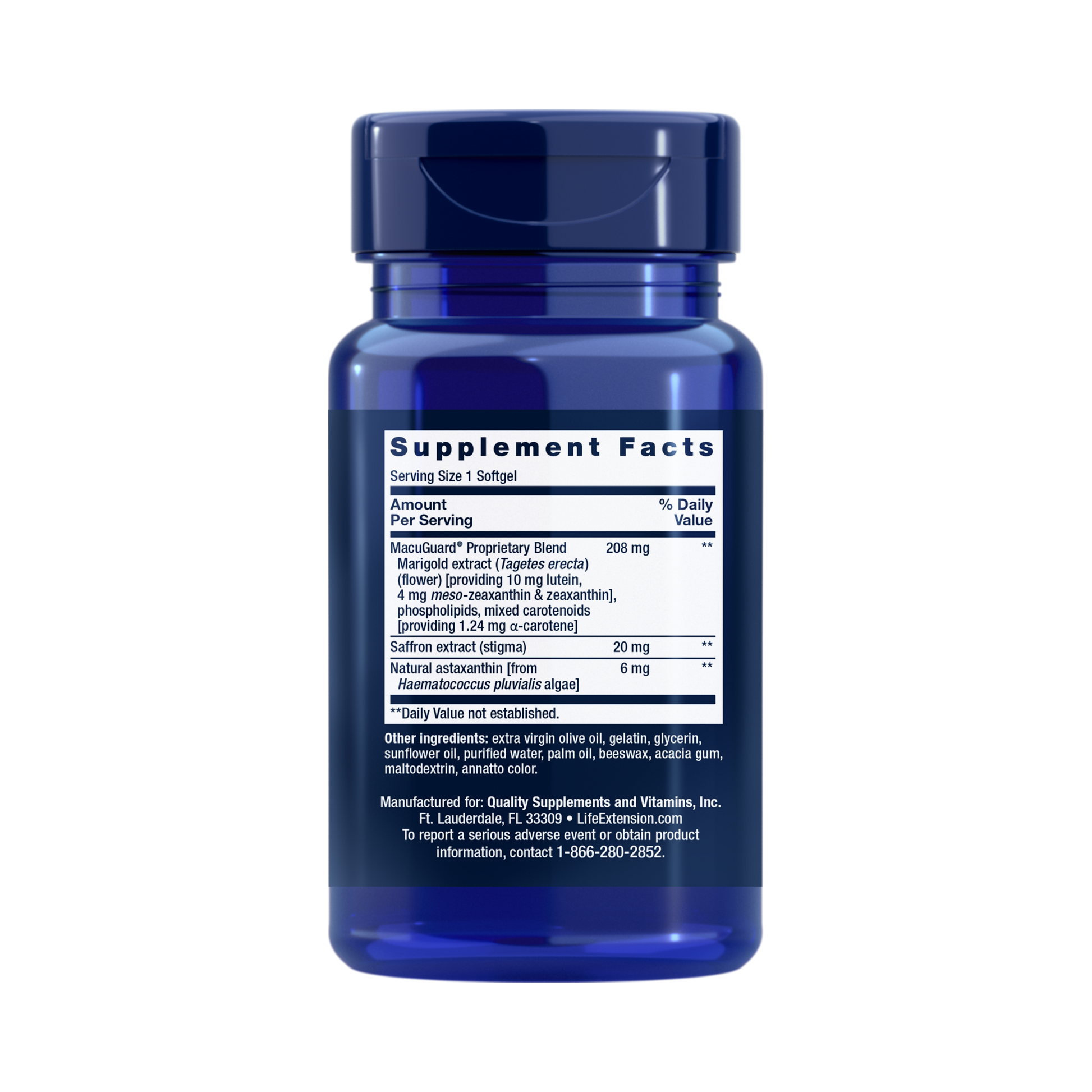 Life Extension, MacuGuard Ocular Support with Saffron & Astaxanthin 60 softgels back packaging view