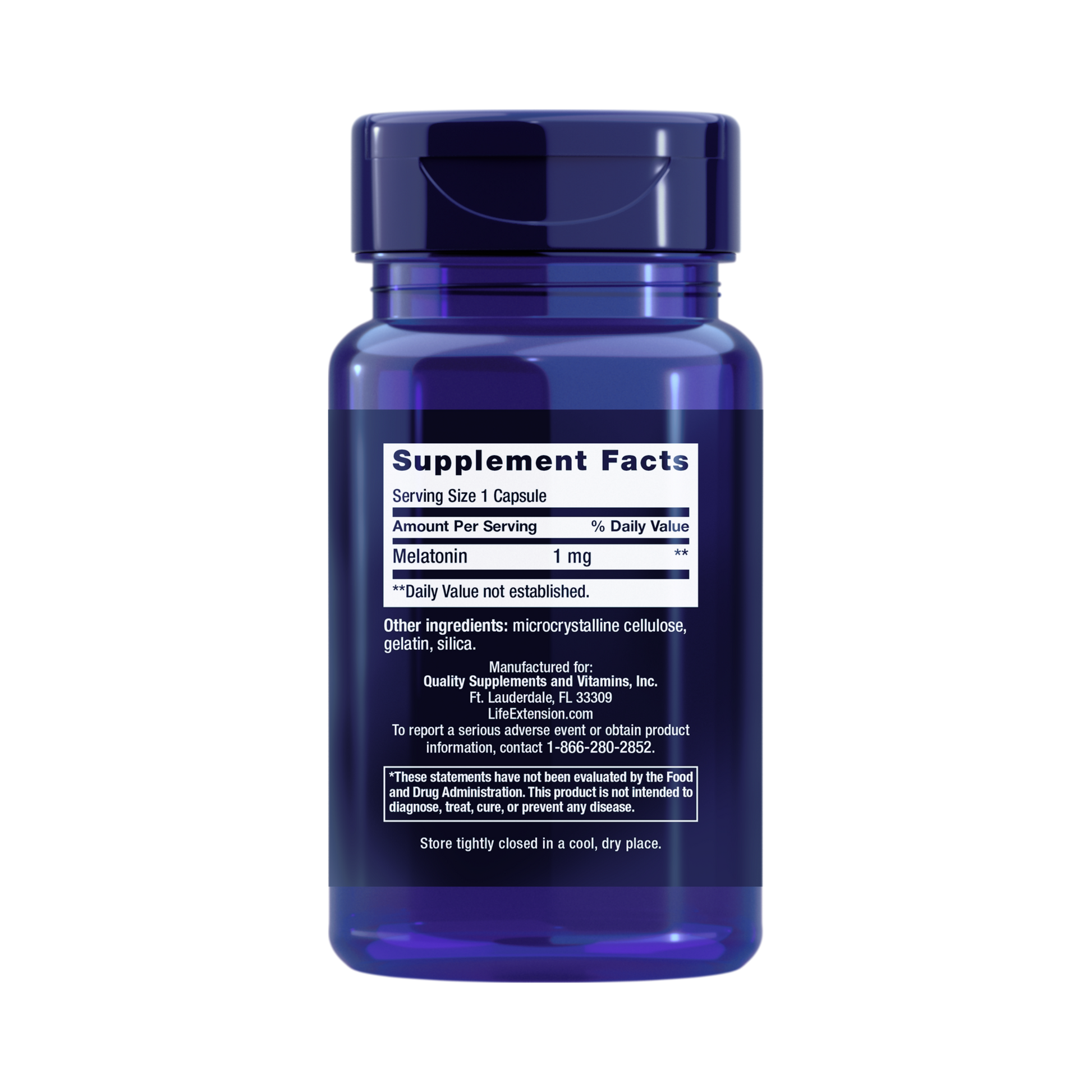 Life Extension, Melatonin, 1 mg, 60 Capsules back packaging view