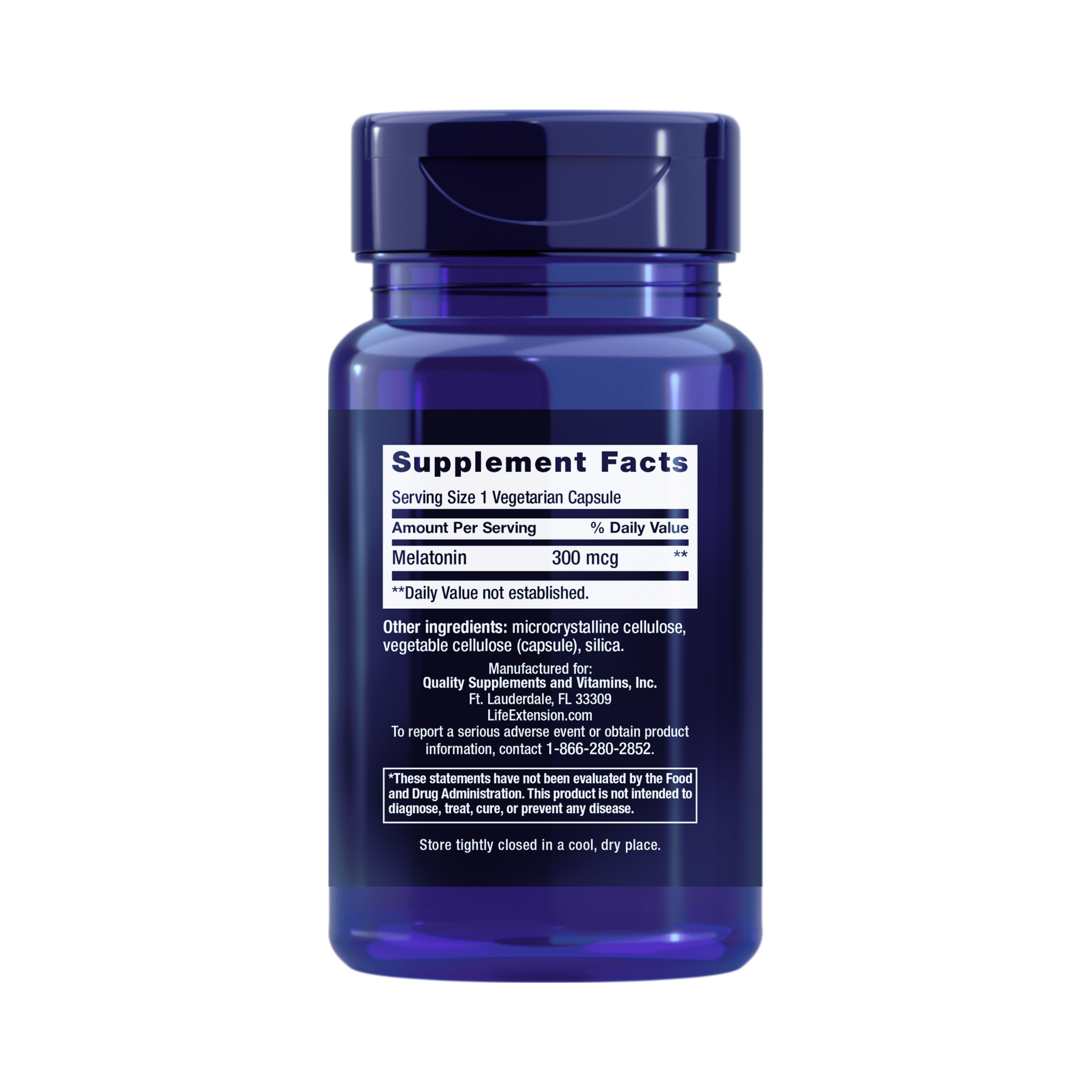 Life Extension, Melatonin, 300 mcg, 100 Vegetarian Capsules back packaging view