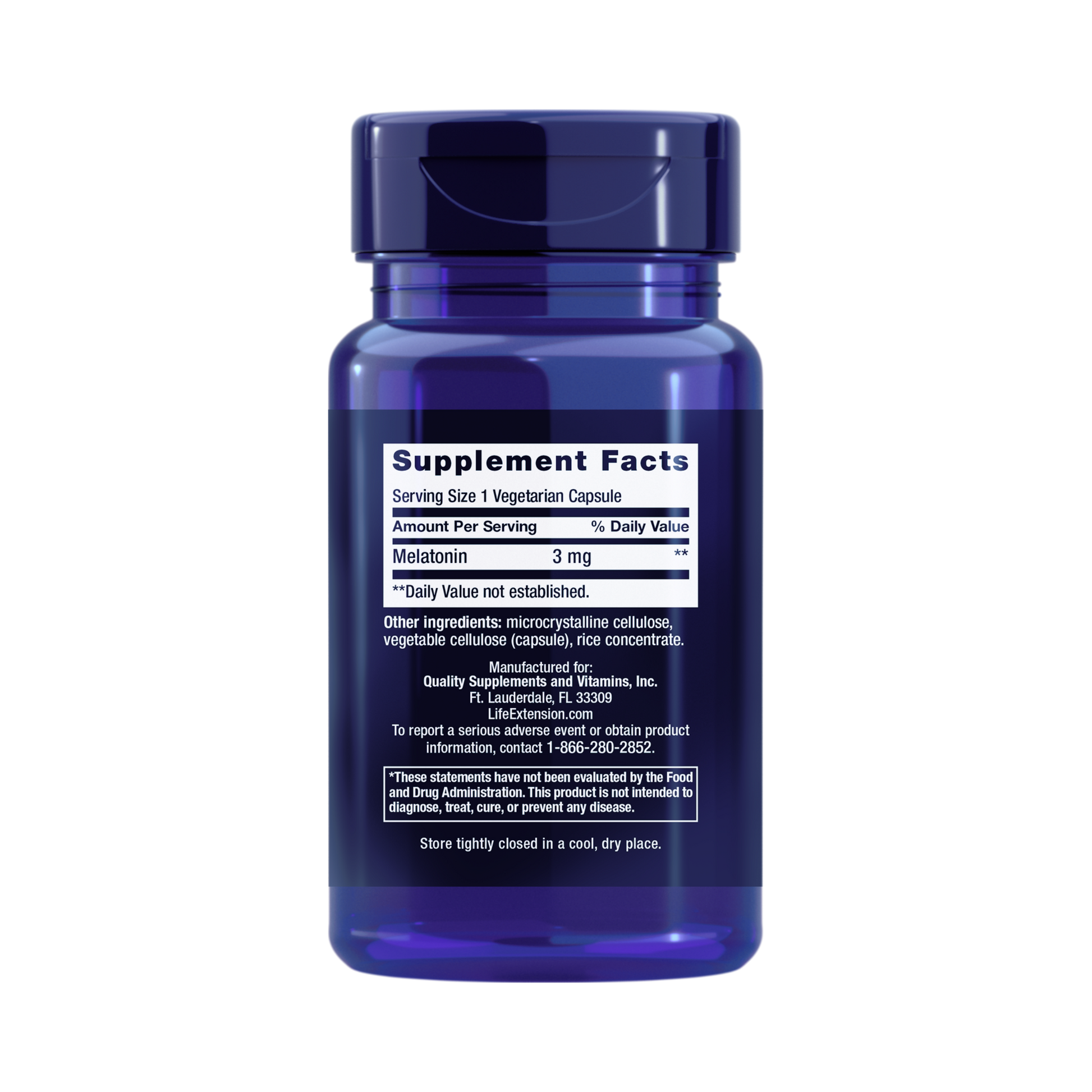 Life Extension, Melatonin 3 mg back packaging view