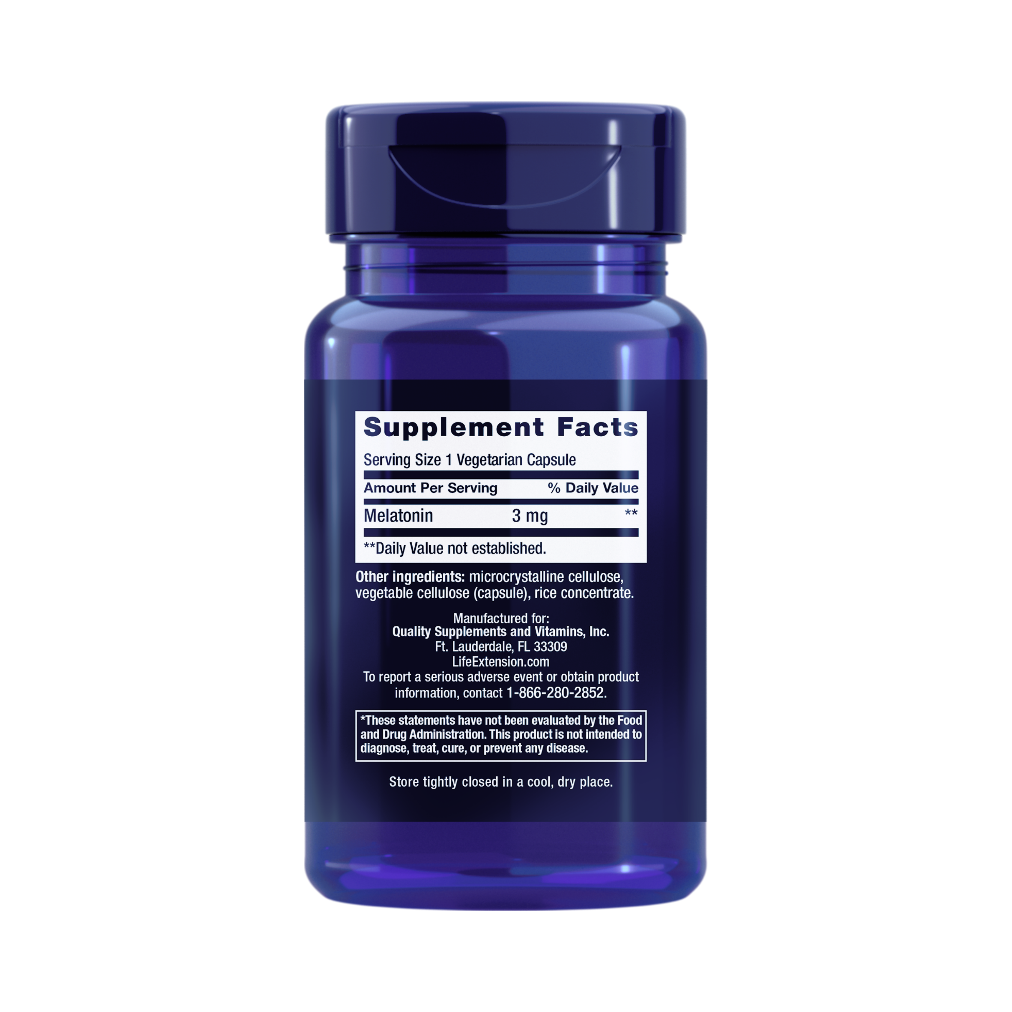 Life Extension, Melatonin 3 mg back packaging view