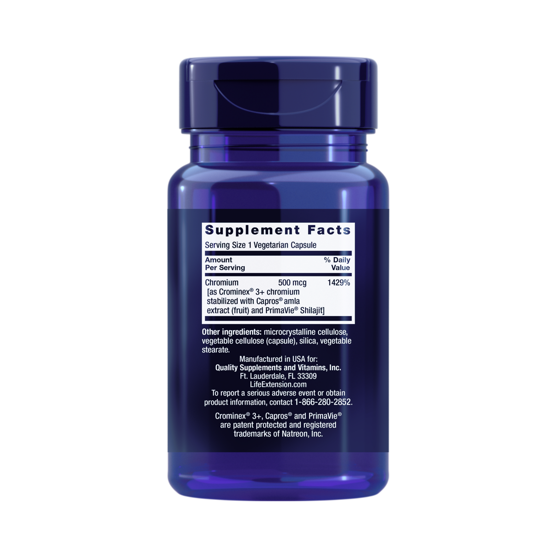 Life Extension, Optimized Chromium with Crominex 3+ back packaging view
