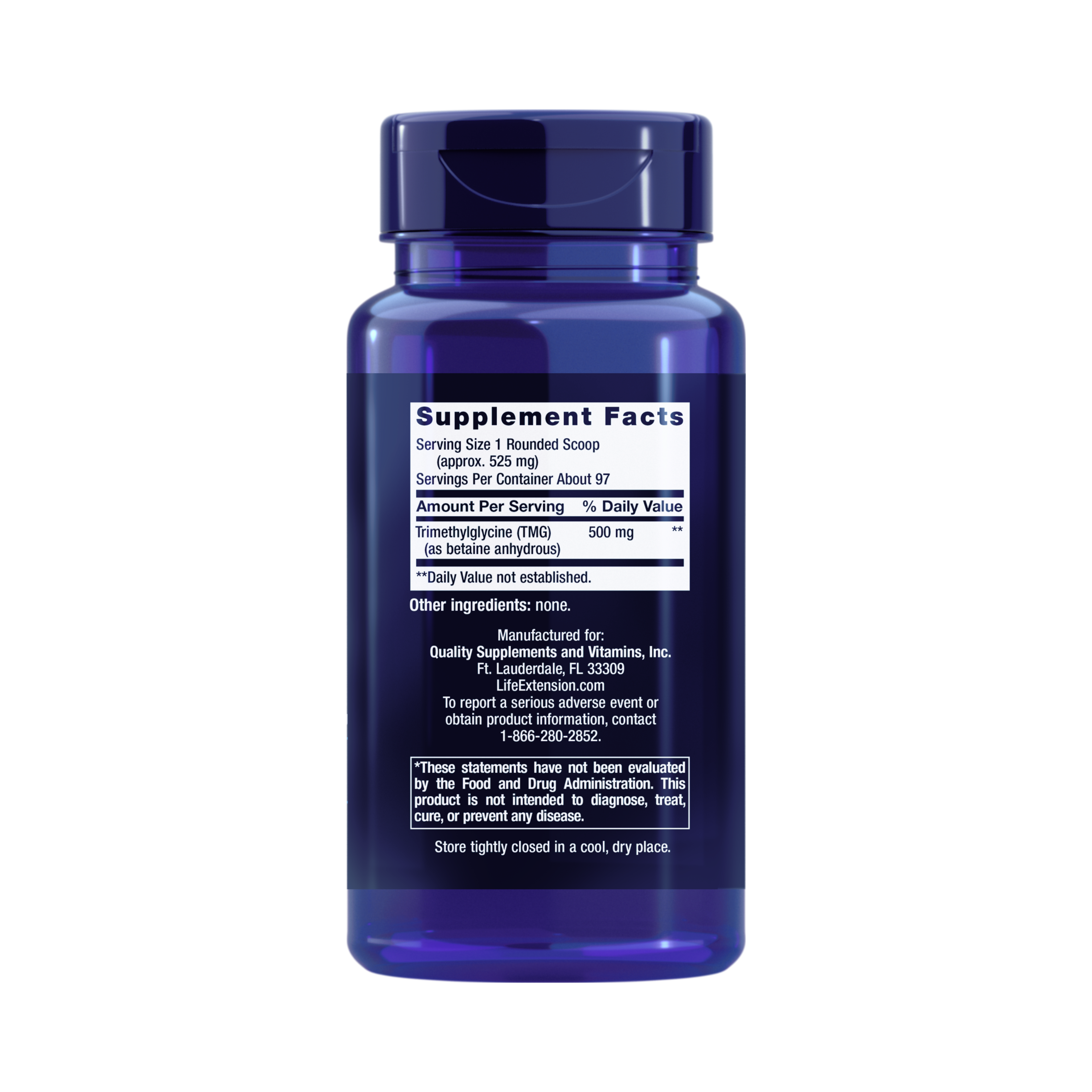 Life Extension, TMG Powder back packaging view