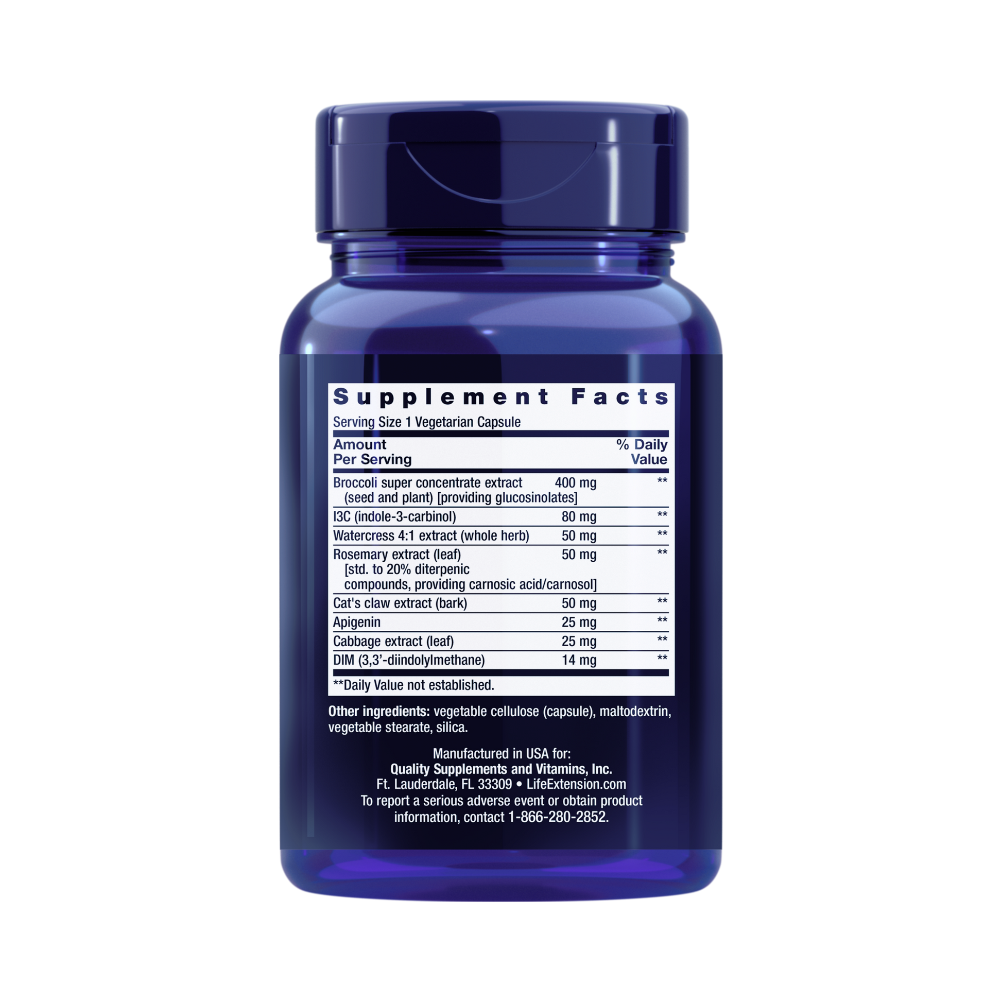 Life Extension, Triple Action Cruciferous Vegetable Extract back packaging view