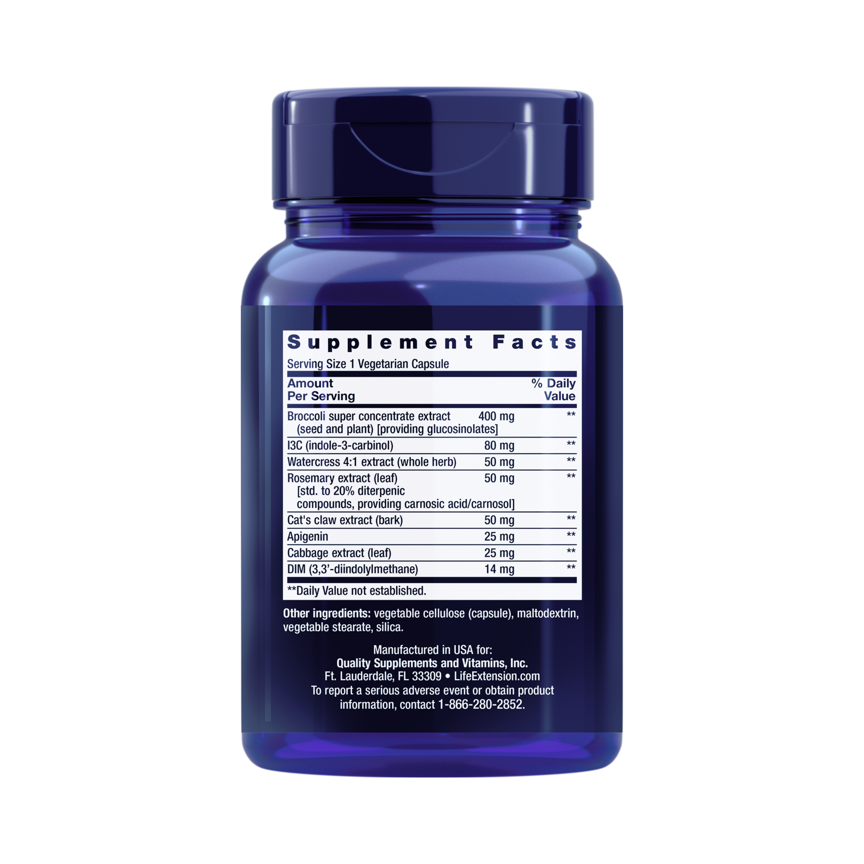 Life Extension, Triple Action Cruciferous Vegetable Extract back packaging view