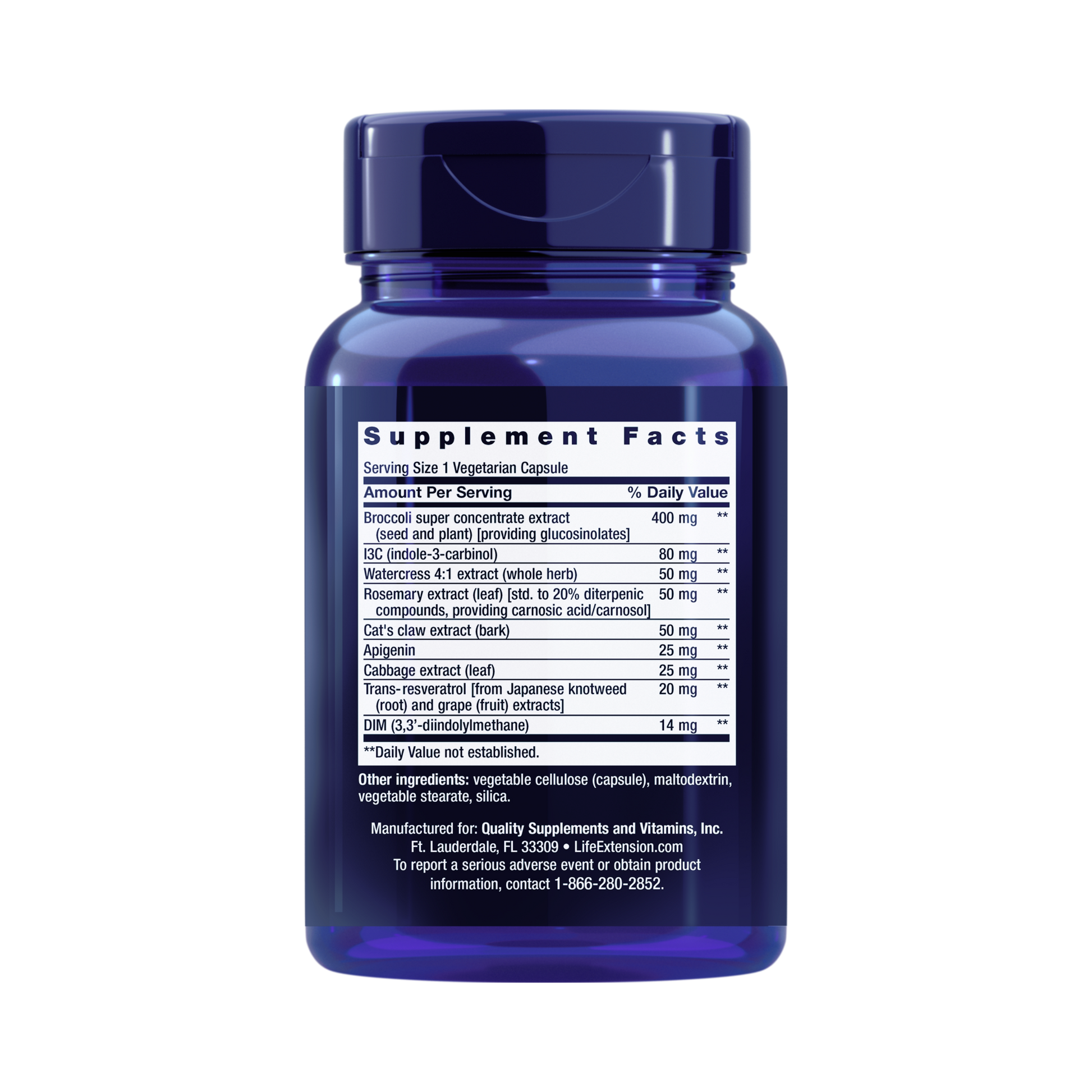 Life Extension, Triple Action Cruciferous Vegetable Extract and Resveratrol back packaging view