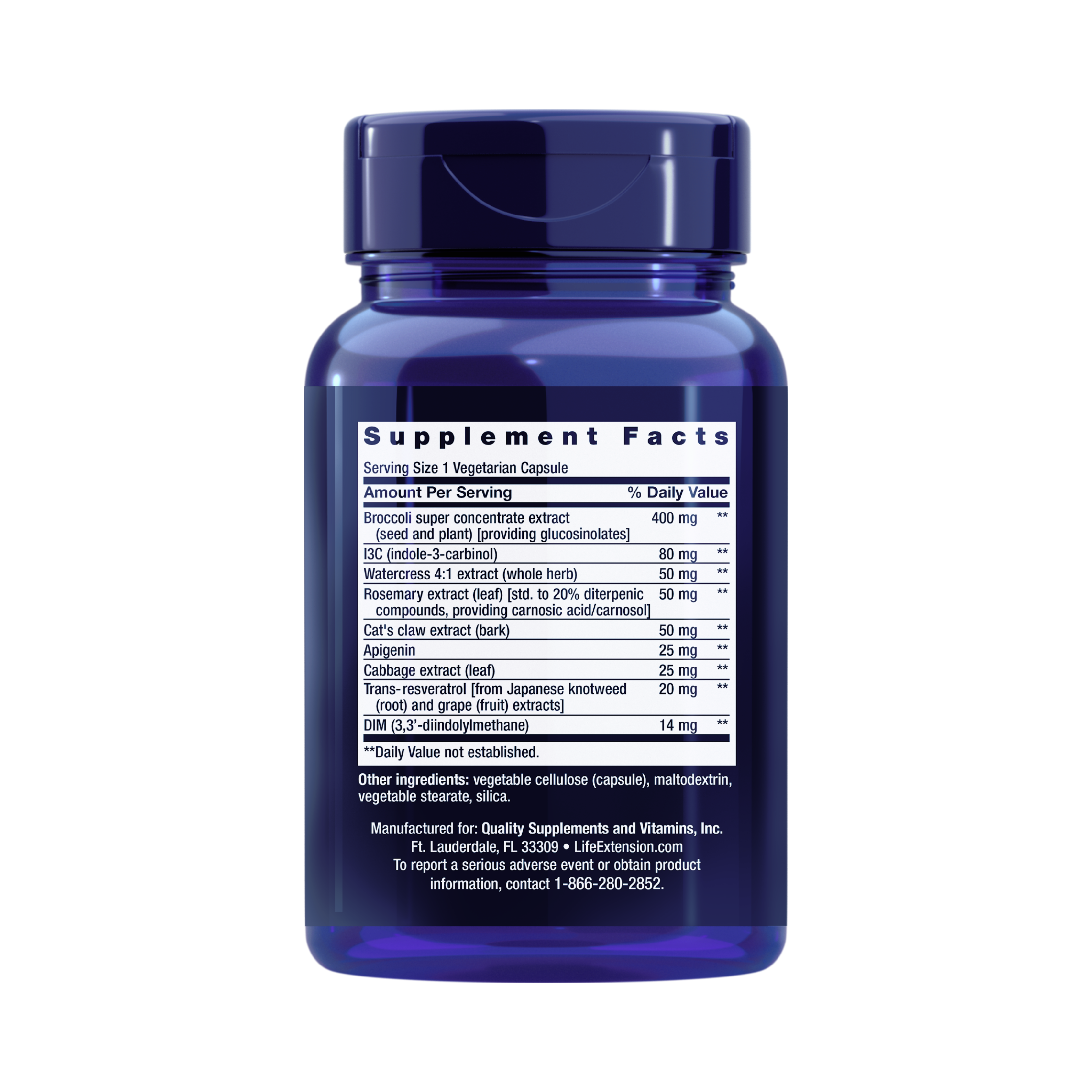 Life Extension, Triple Action Cruciferous Vegetable Extract and Resveratrol back packaging view