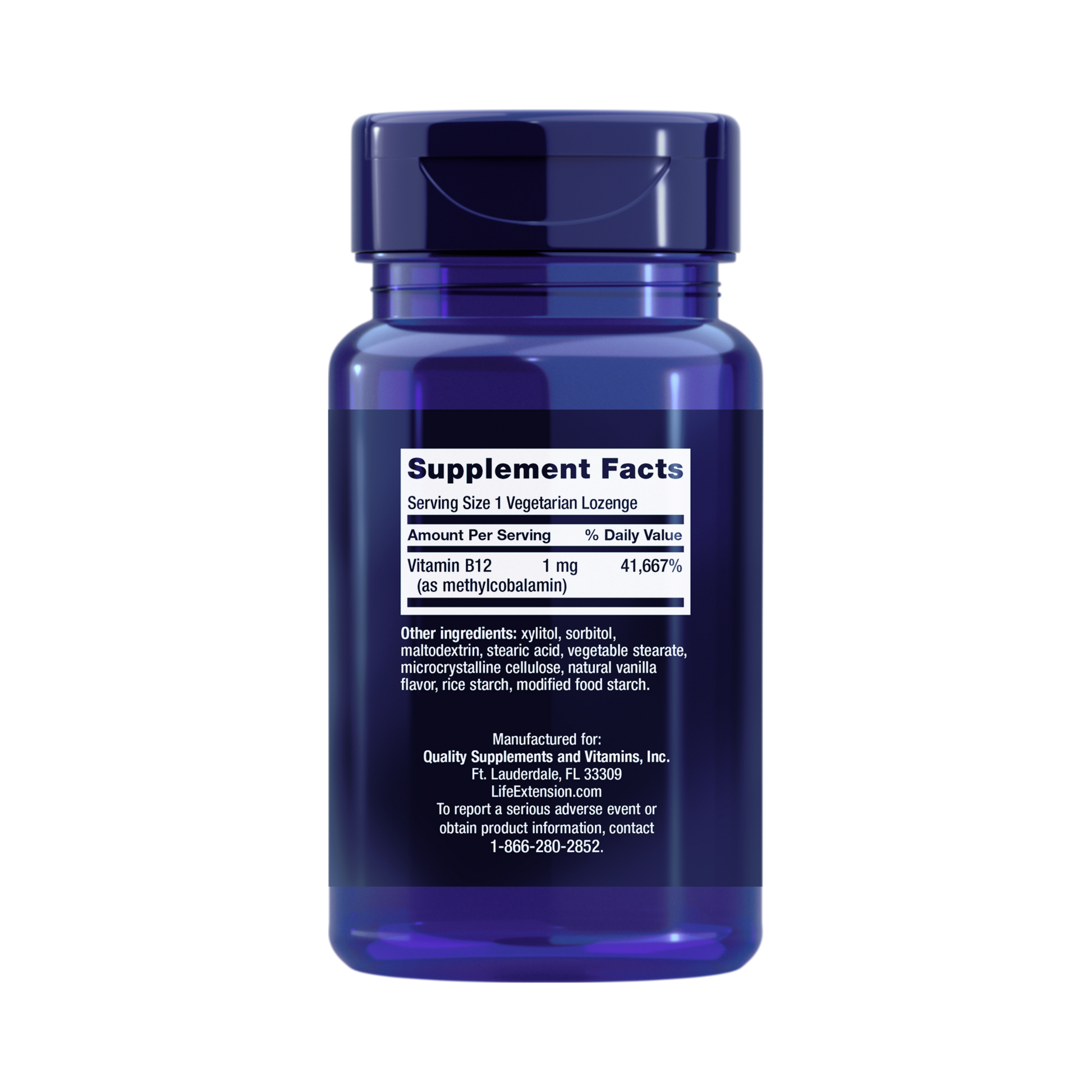 Life Extension, Vitamin B12 Methylcobalamin (1 mg) back packaging view
