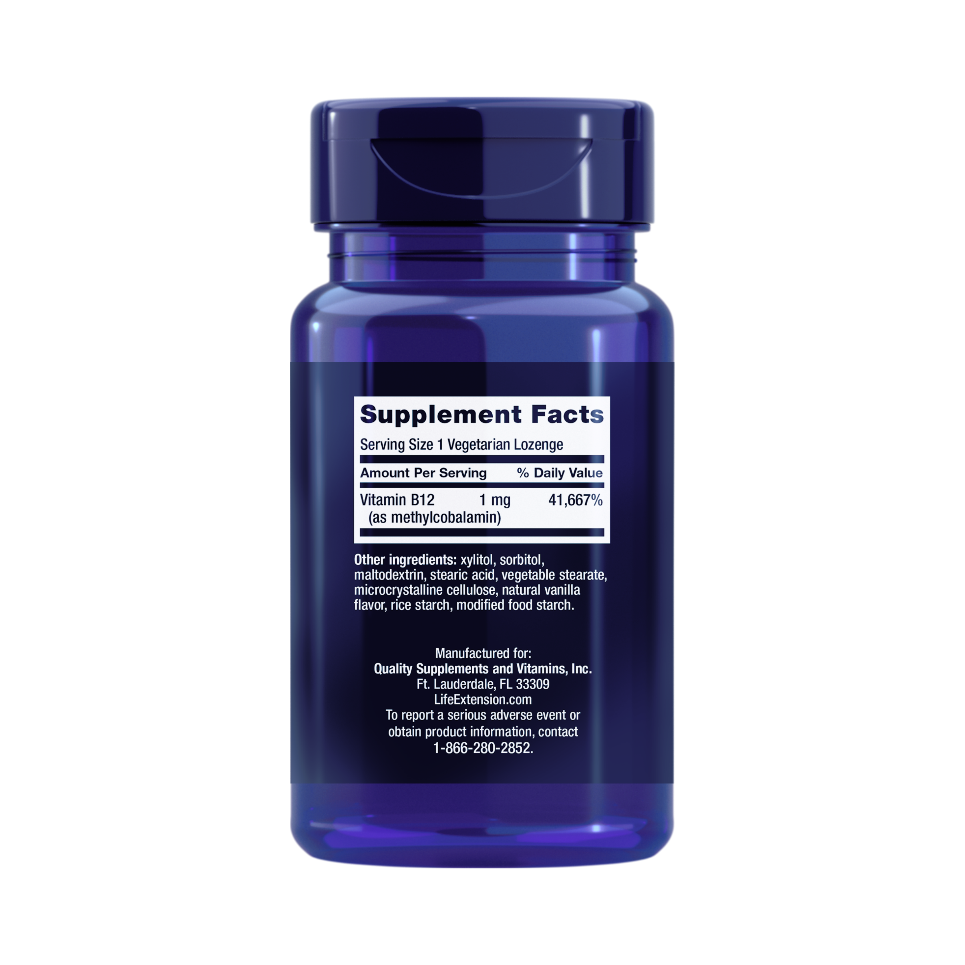 Life Extension, Vitamin B12 Methylcobalamin (1 mg) back packaging view