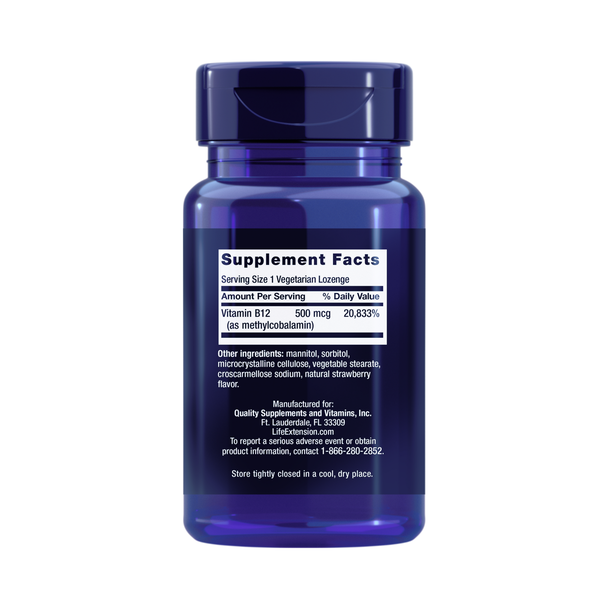 Life Extension, Vitamin B12 Methylcobalamin (500 mcg) back packaging view